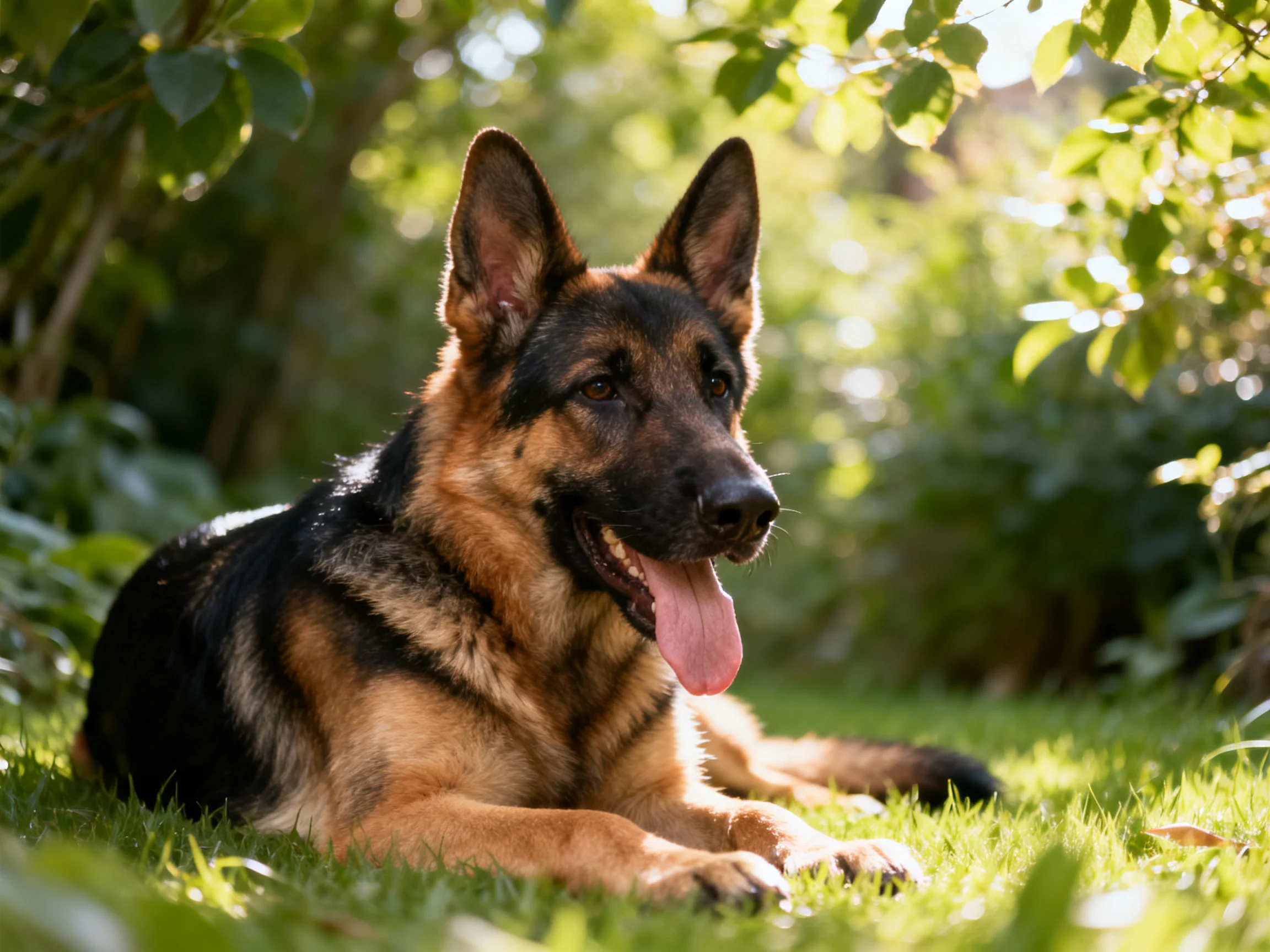 A German Shepherd rests on sun-dappled green grass surrounded by foliage