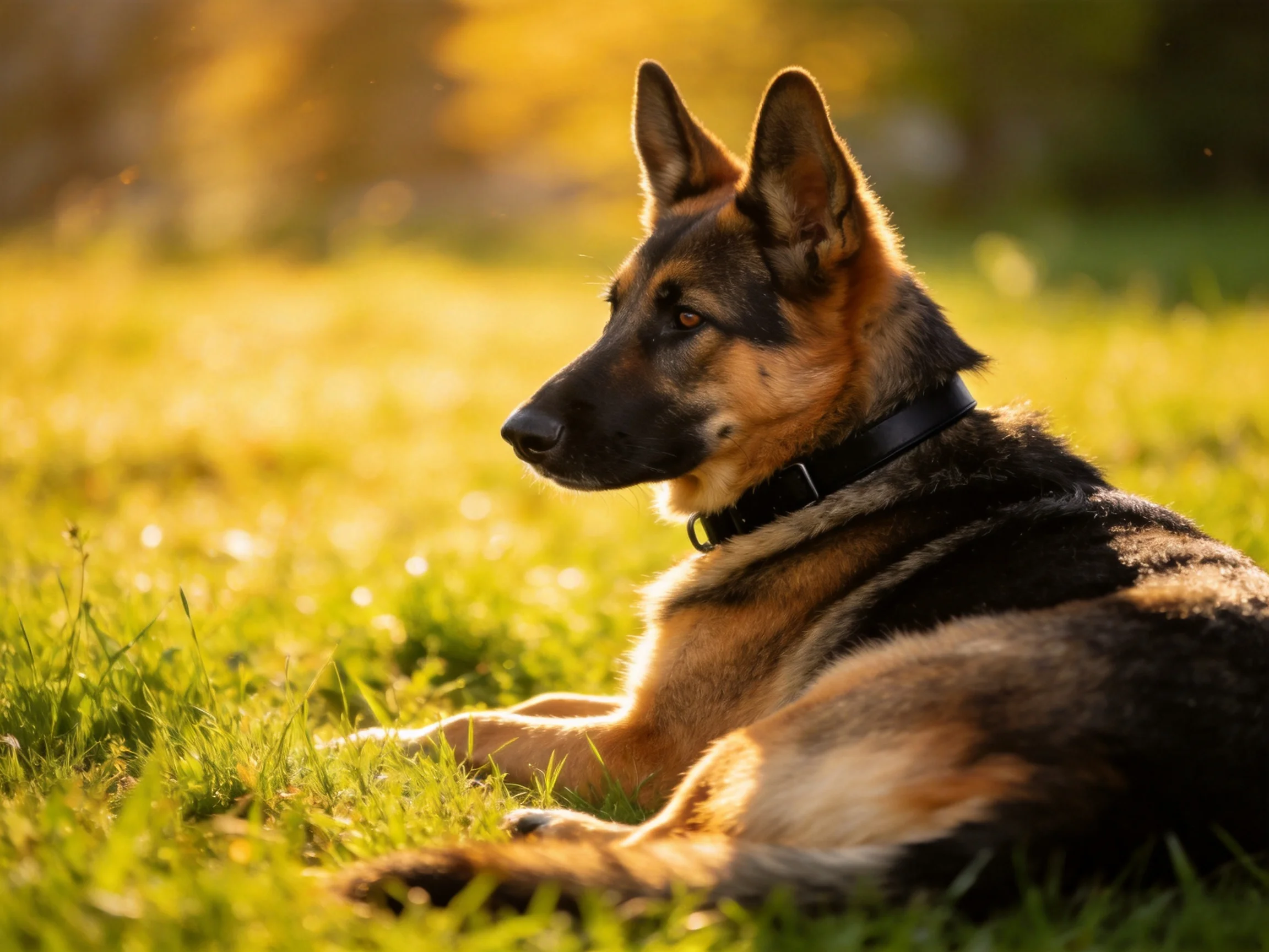 A GermanShepherd lies calmly on sunlit grass in a peaceful outdoor setting.