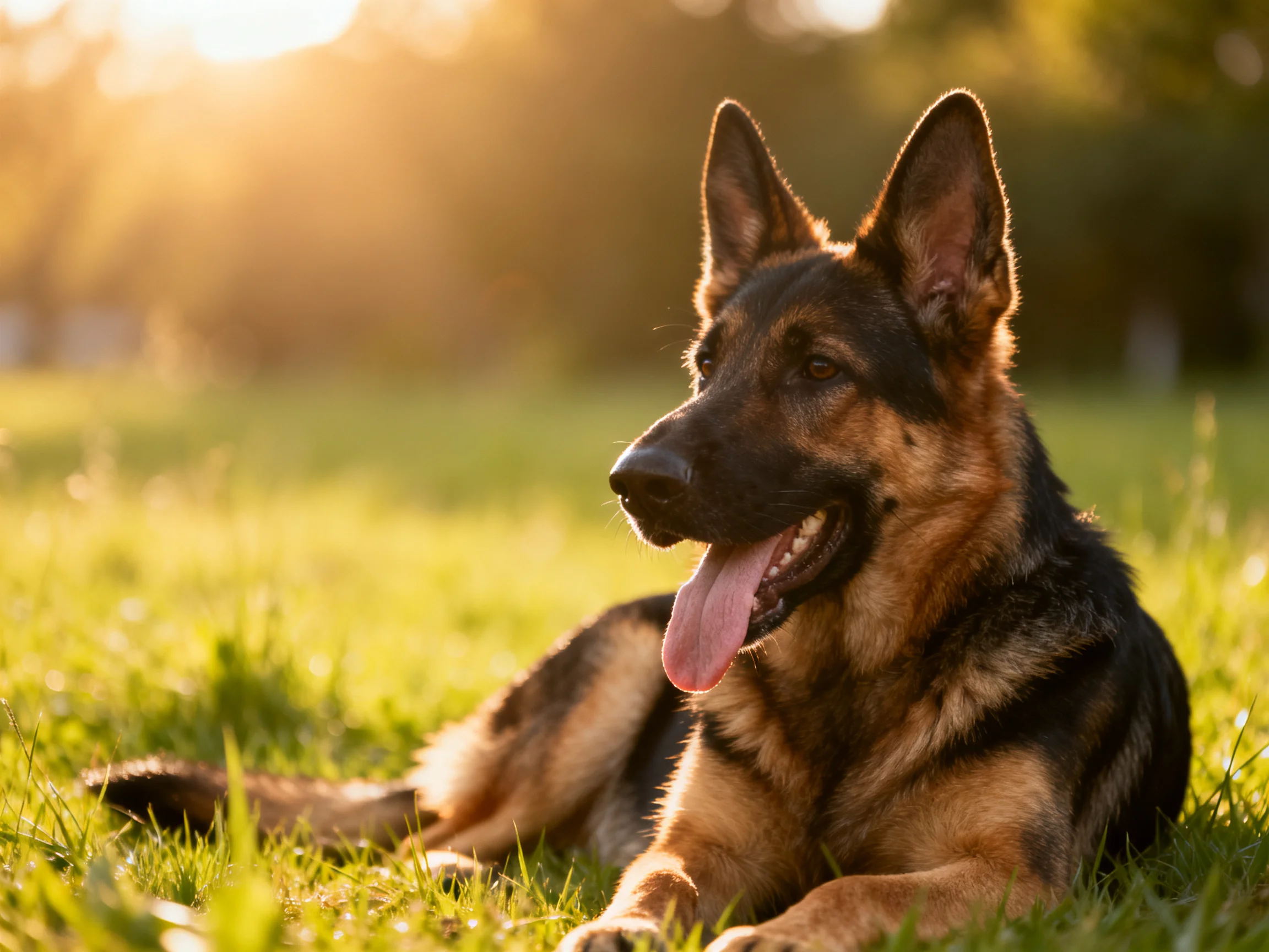 A German Shepherd rests on sun-kissed green grass amid golden sunlight