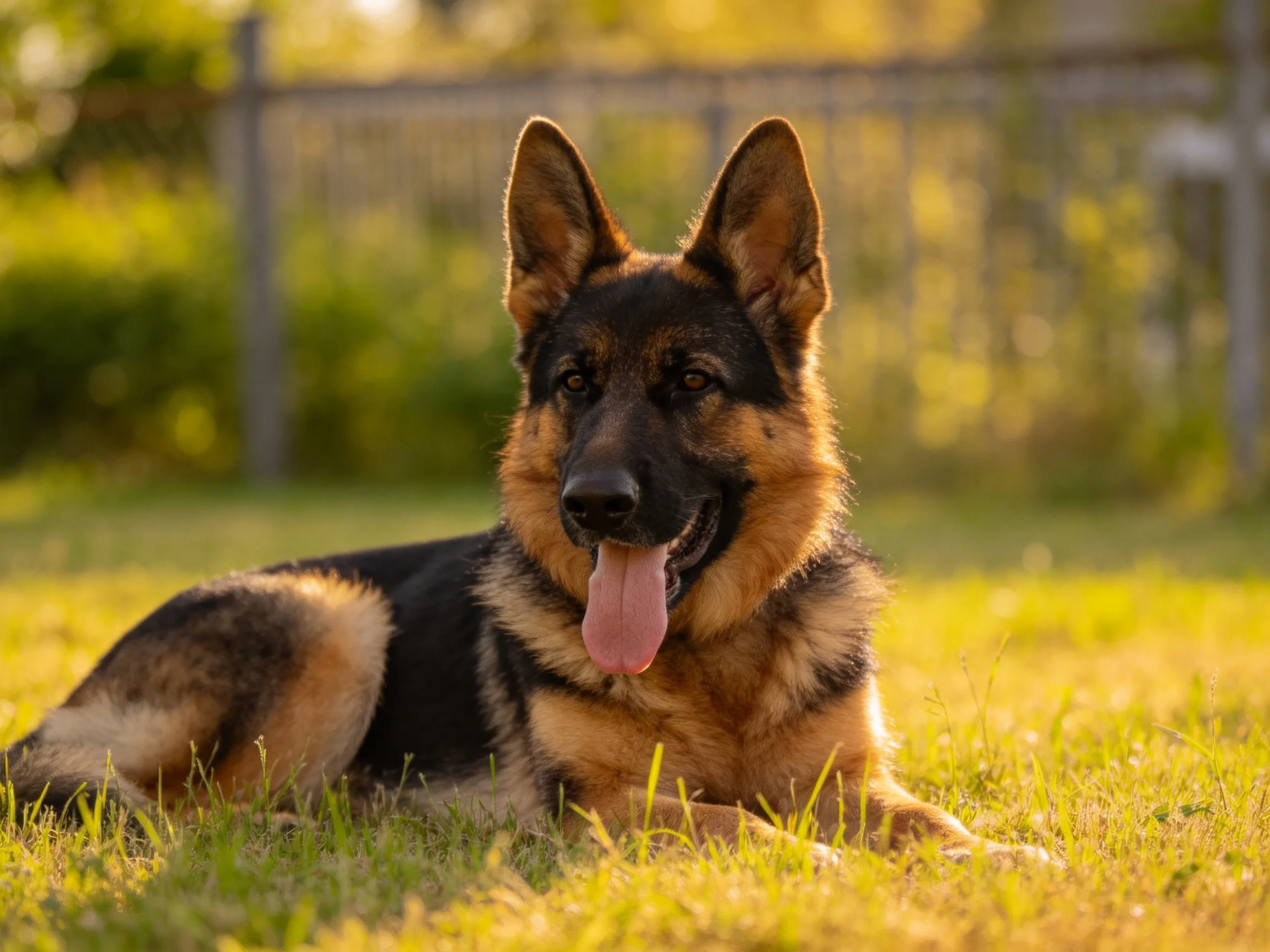 A German Shepherd relaxes on grass in a sunlit outdoor setting.