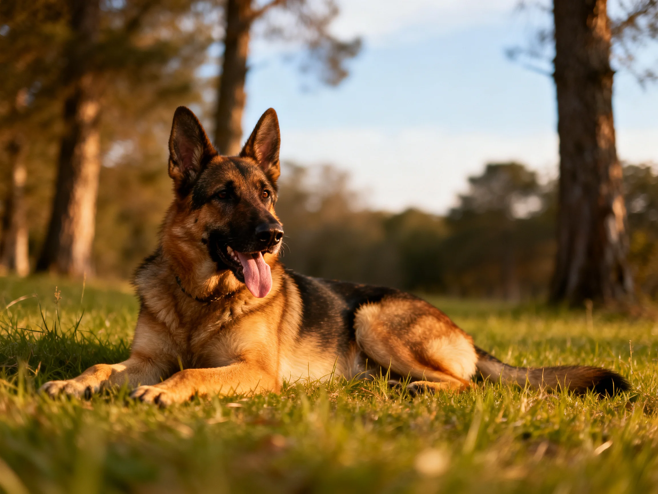 A German Shepherd relaxes on grass in a sunlit wooded area.