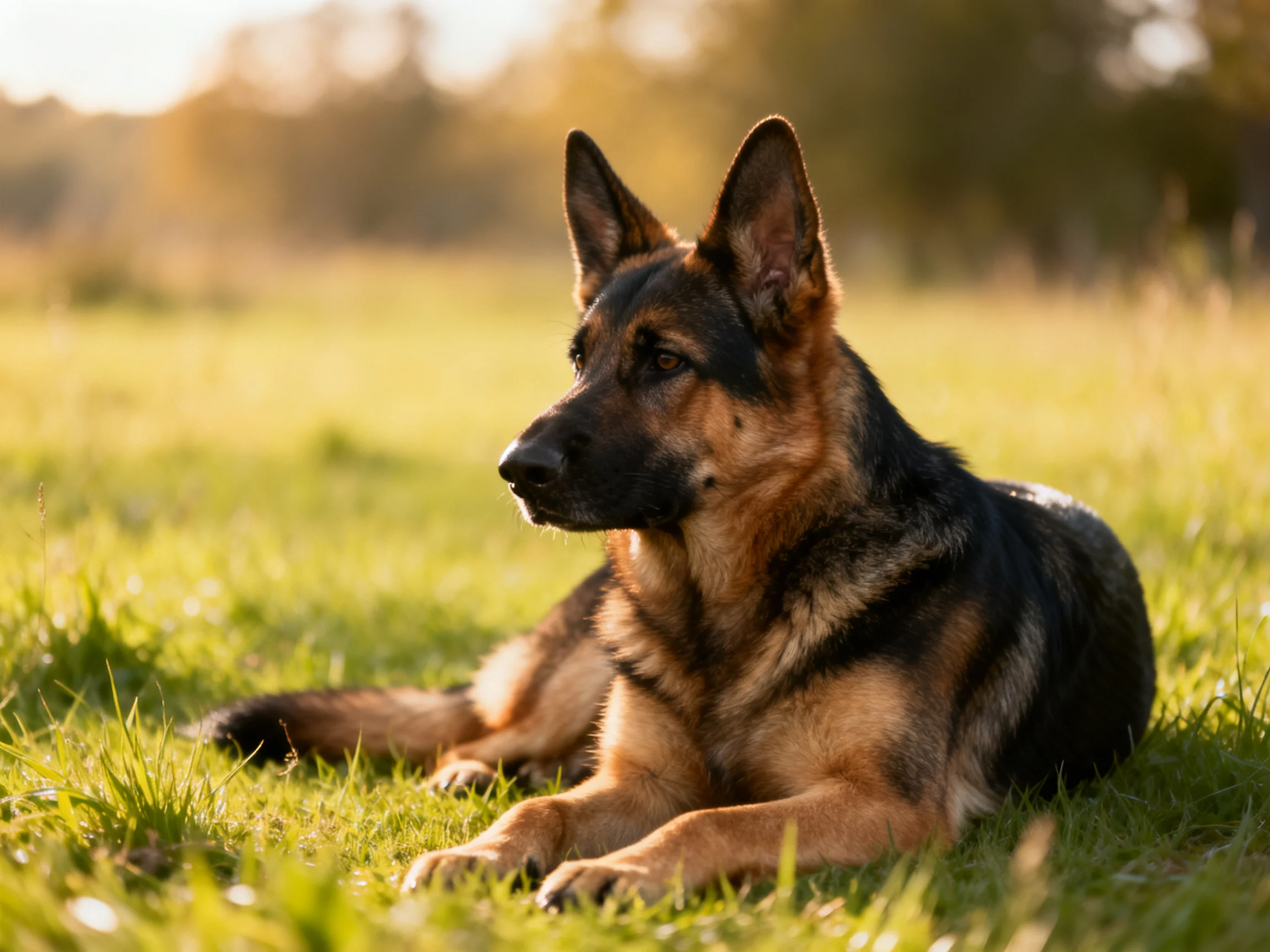 A German Shepherd relaxes on a sunlit grassy field.