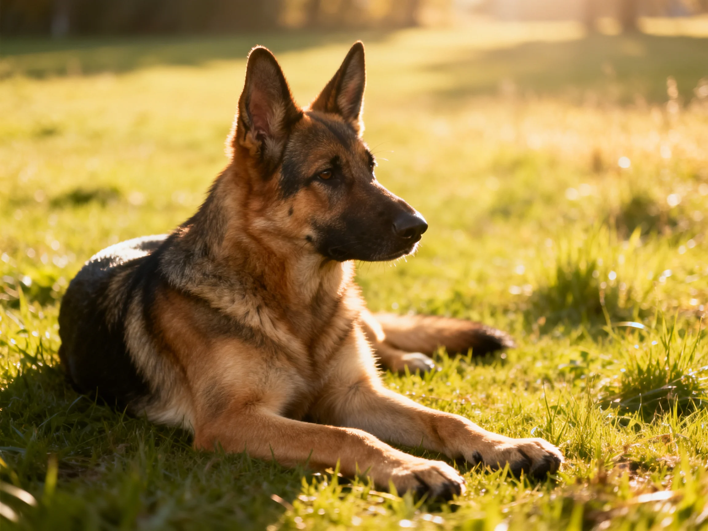 A German Shepherd rests calmly on sunlit grass in a sunny outdoor area.