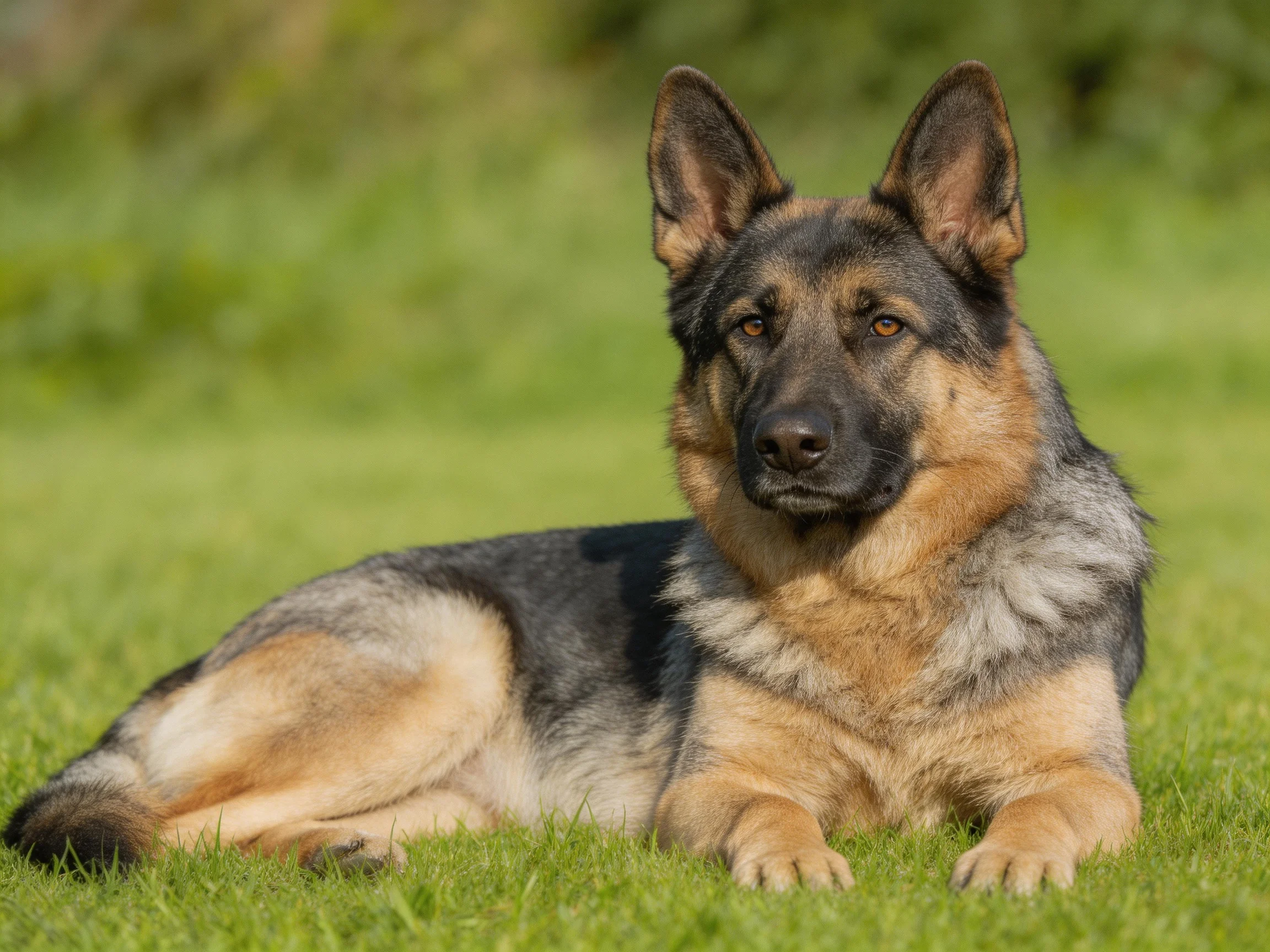 A German Shepherd lies calmly on lush green grass.