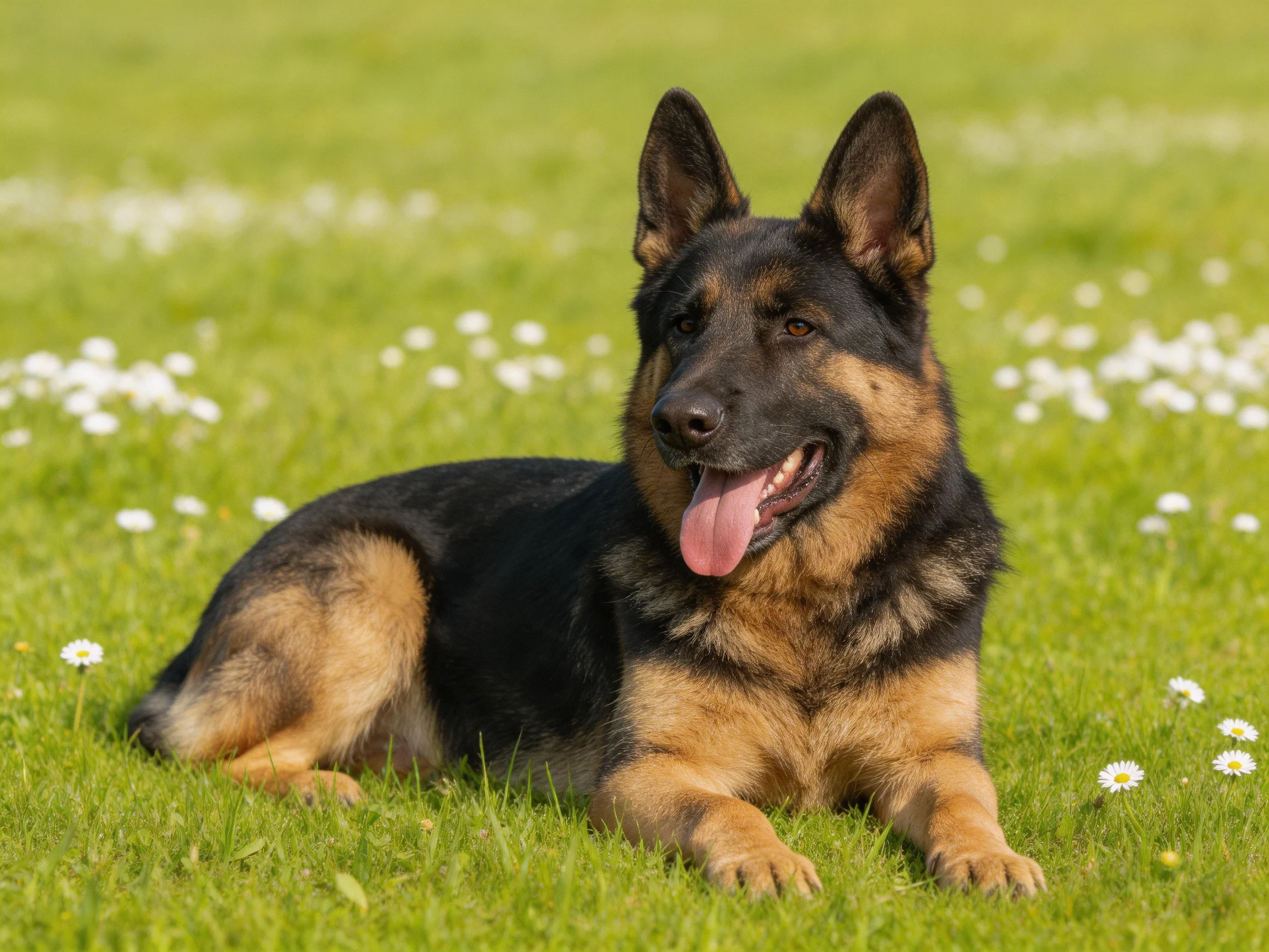 A German Shepherd relaxes on a grassy field dotted with white flowers.