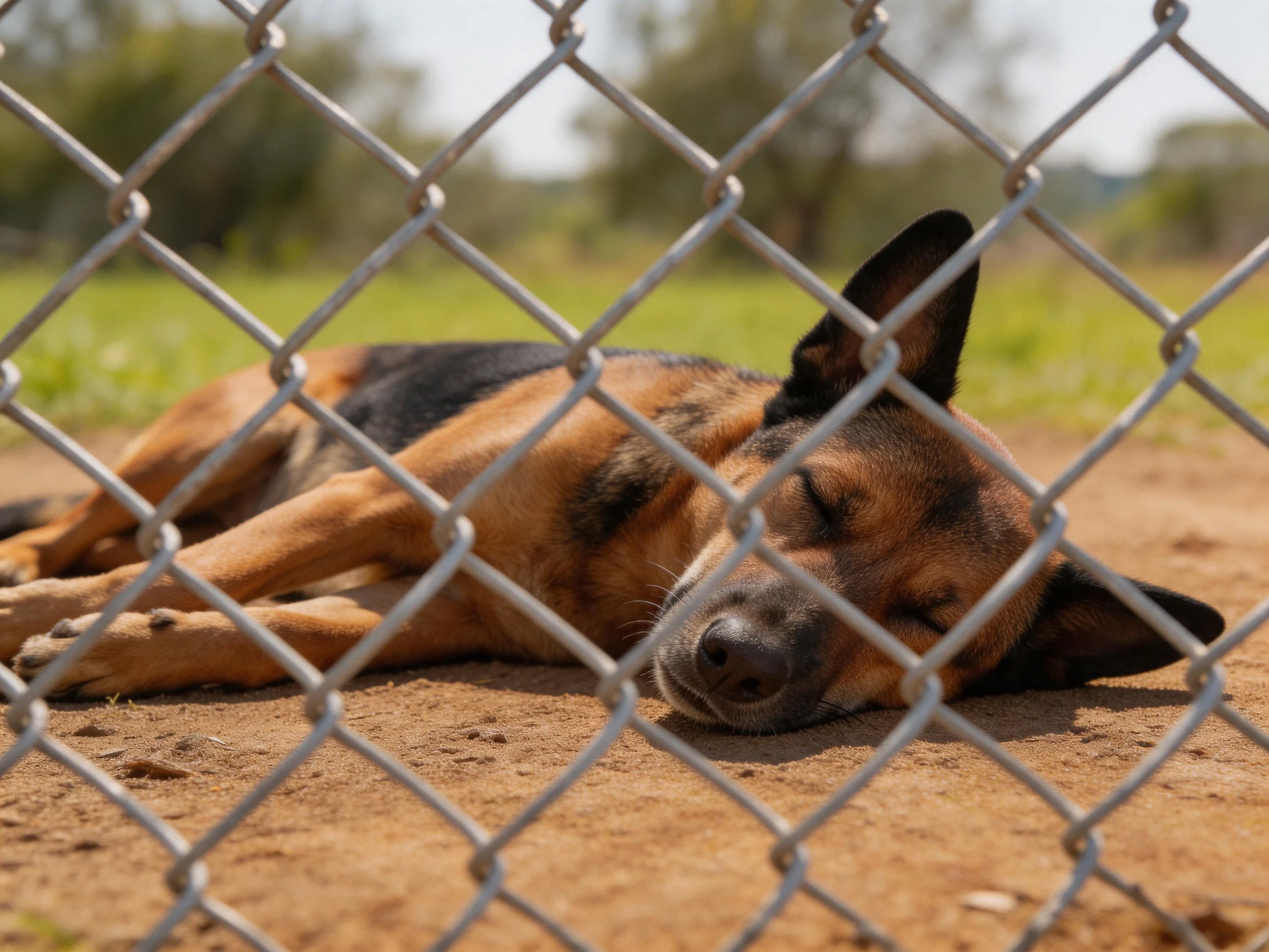 A German Shepherd rests peacefully near a chain-link fence