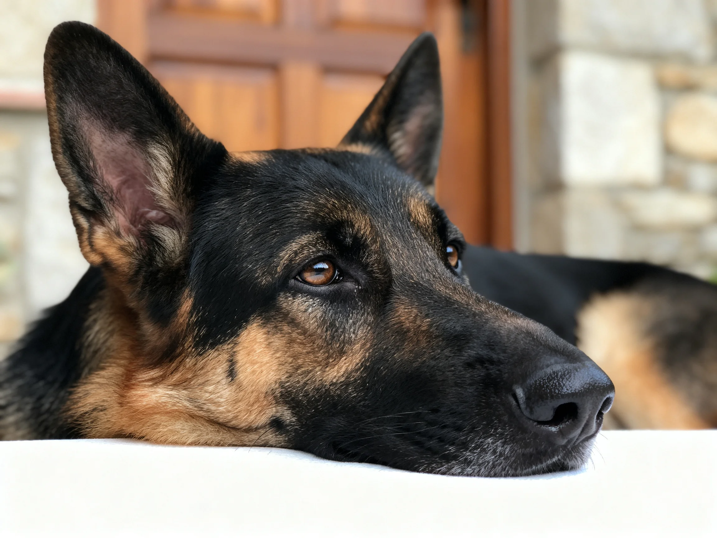 A German Shepherd rests near a wooden door with a stone wall backdrop.