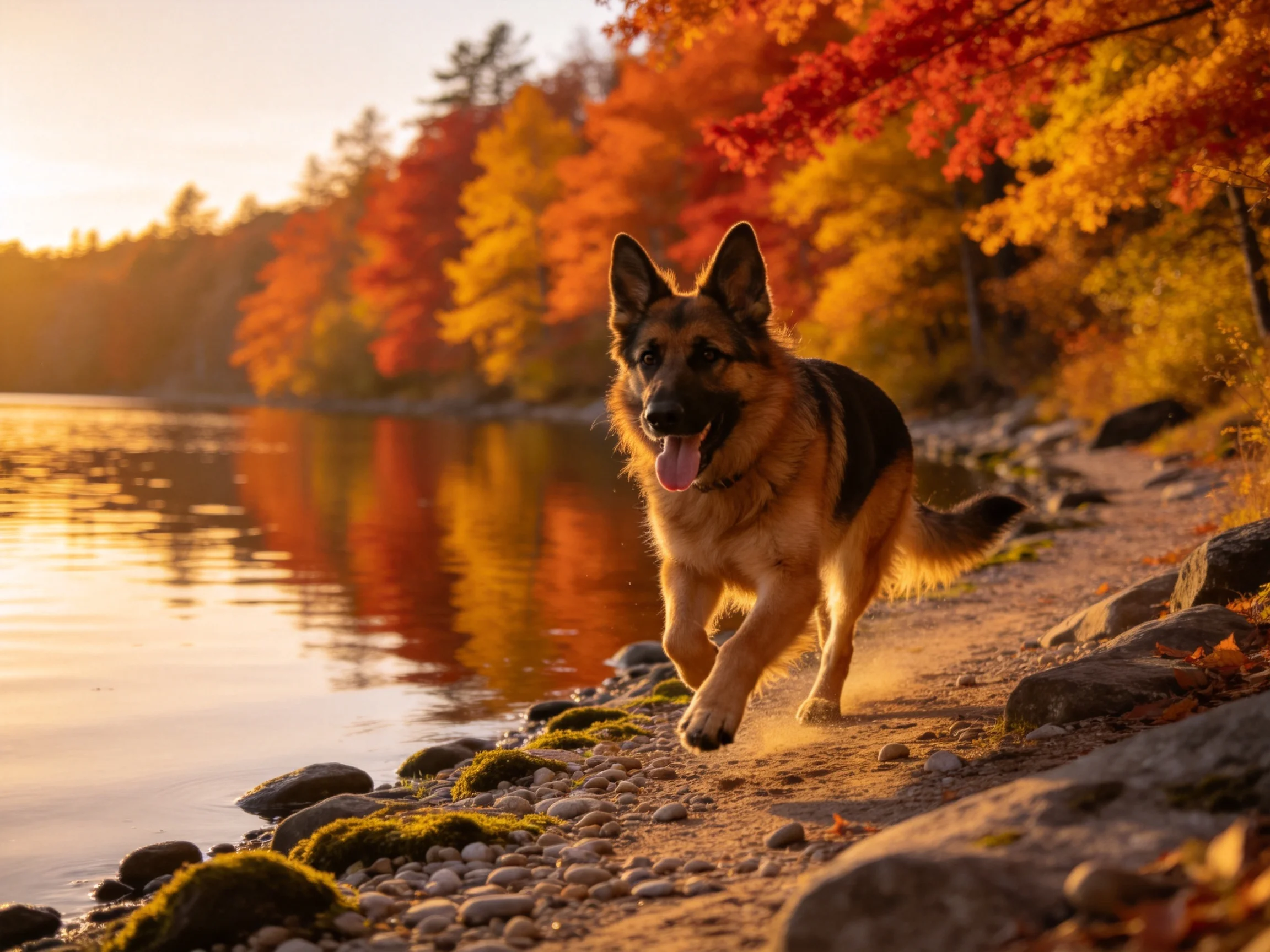 A German Shepherd runs along a rocky lakeshore with vibrant fall foliage