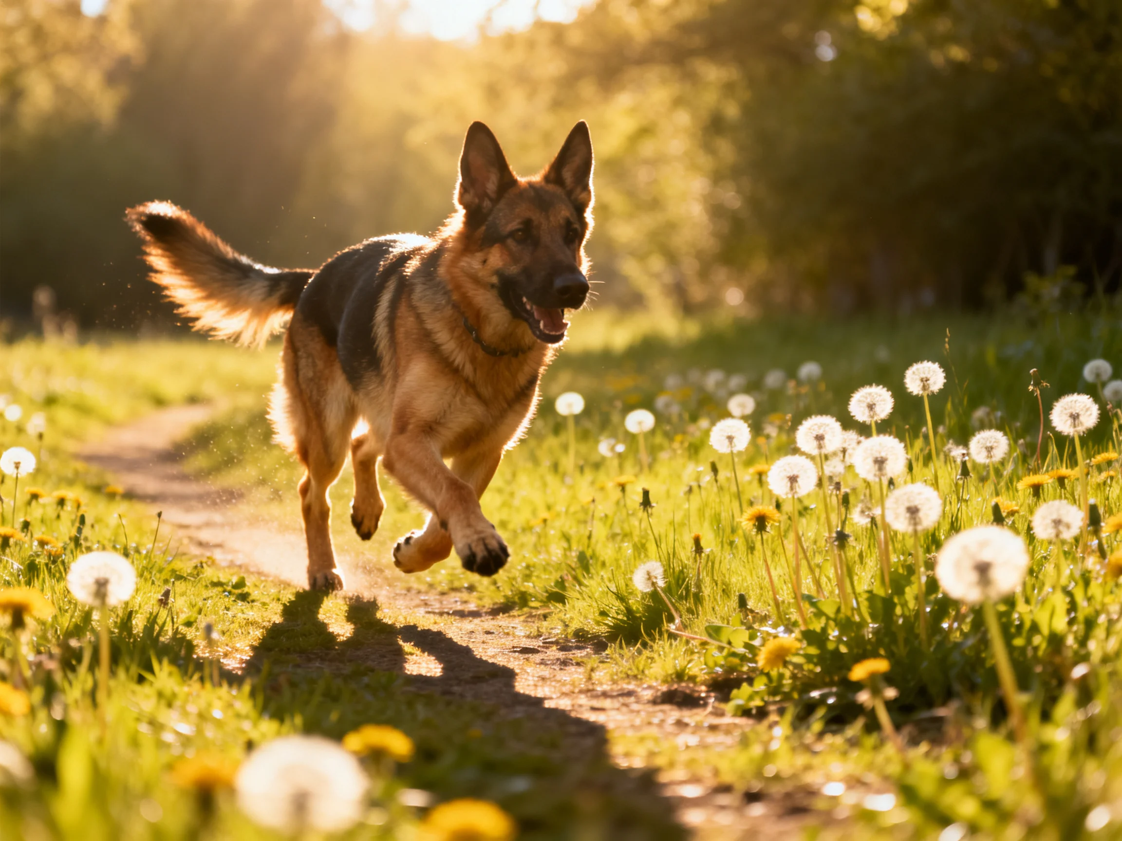 A German Shepherd runs along a sunlit path with white dandelions