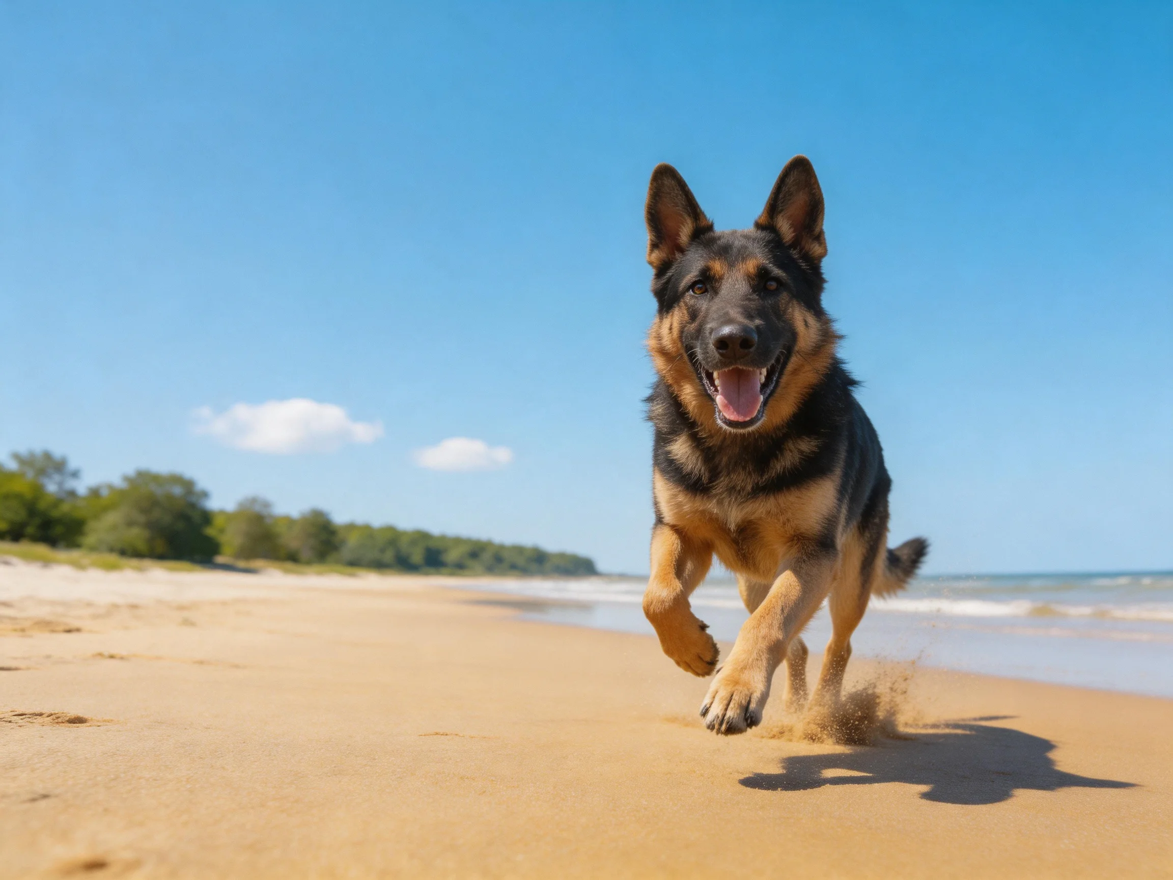A German Shepherd dashes energetically down a sunny beach shoreline.