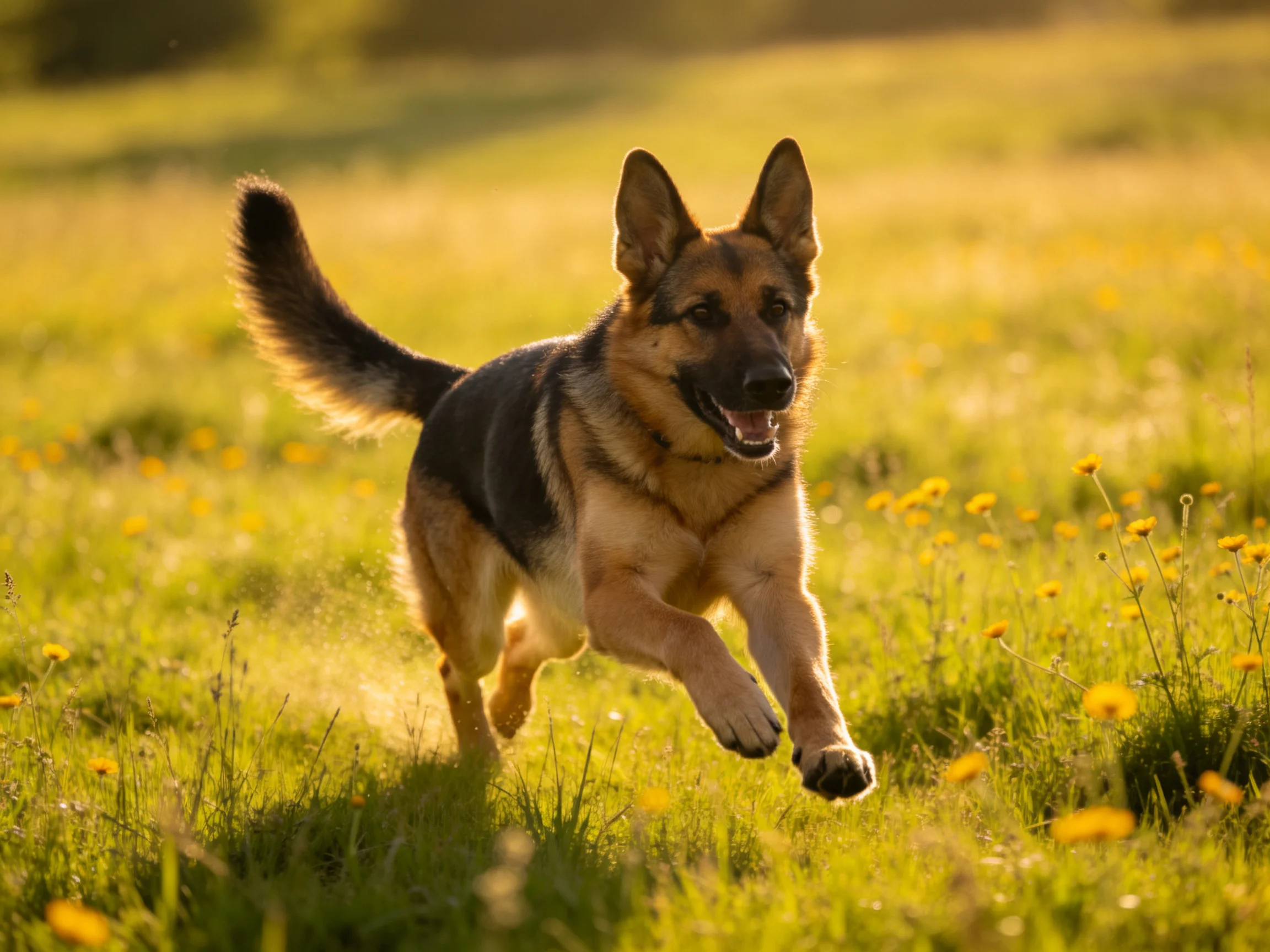 A German Shepherd runs joyfully through a sunlit meadow of yellow wildflowers