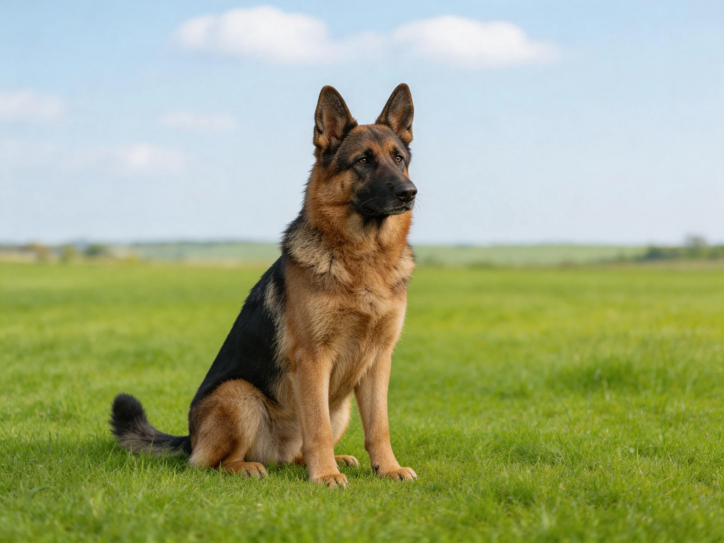 A German Shepherd sits alertly on vibrant green grass