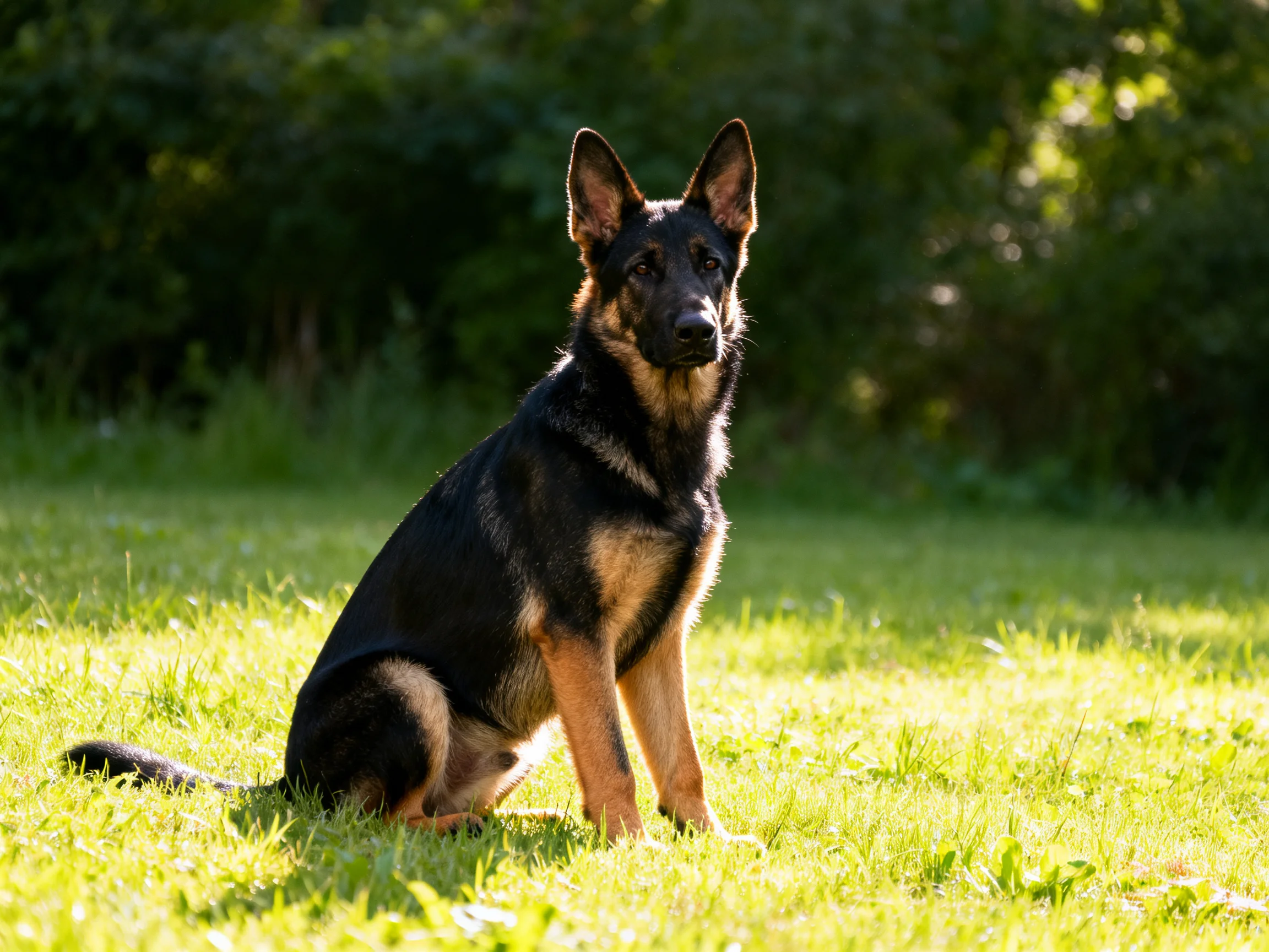 A German Shepherd sits alertly on vibrant green grass near dark foliage