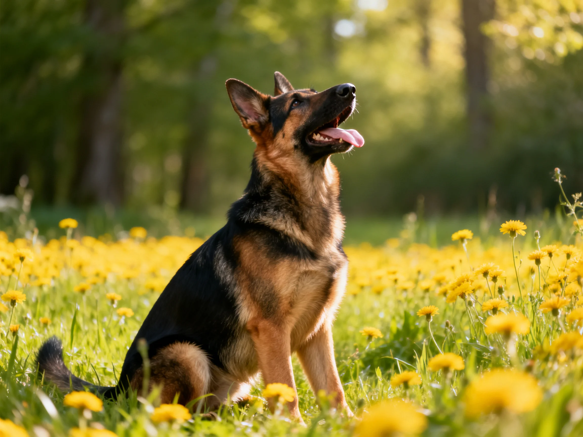 A German Shepherd relaxes in a sunlit meadow with yellow flowers.