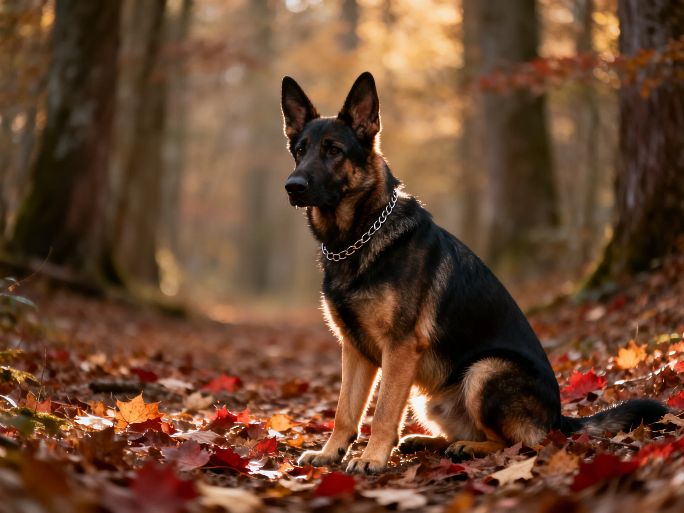 A German Shepherd rests among colorful fallen leaves in a sunlit woodland.