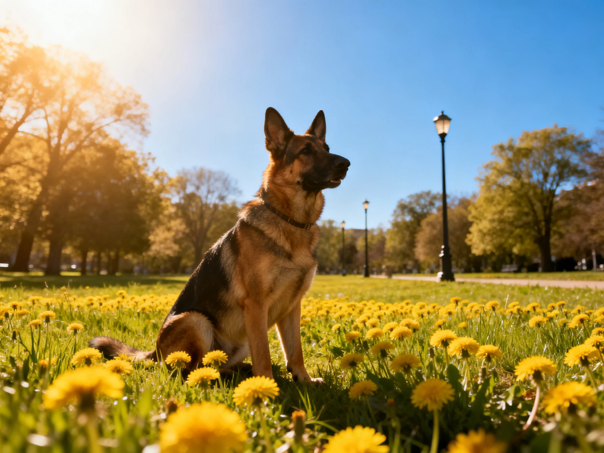 A German Shepherd rests amid yellow dandelions in a sunlit park.