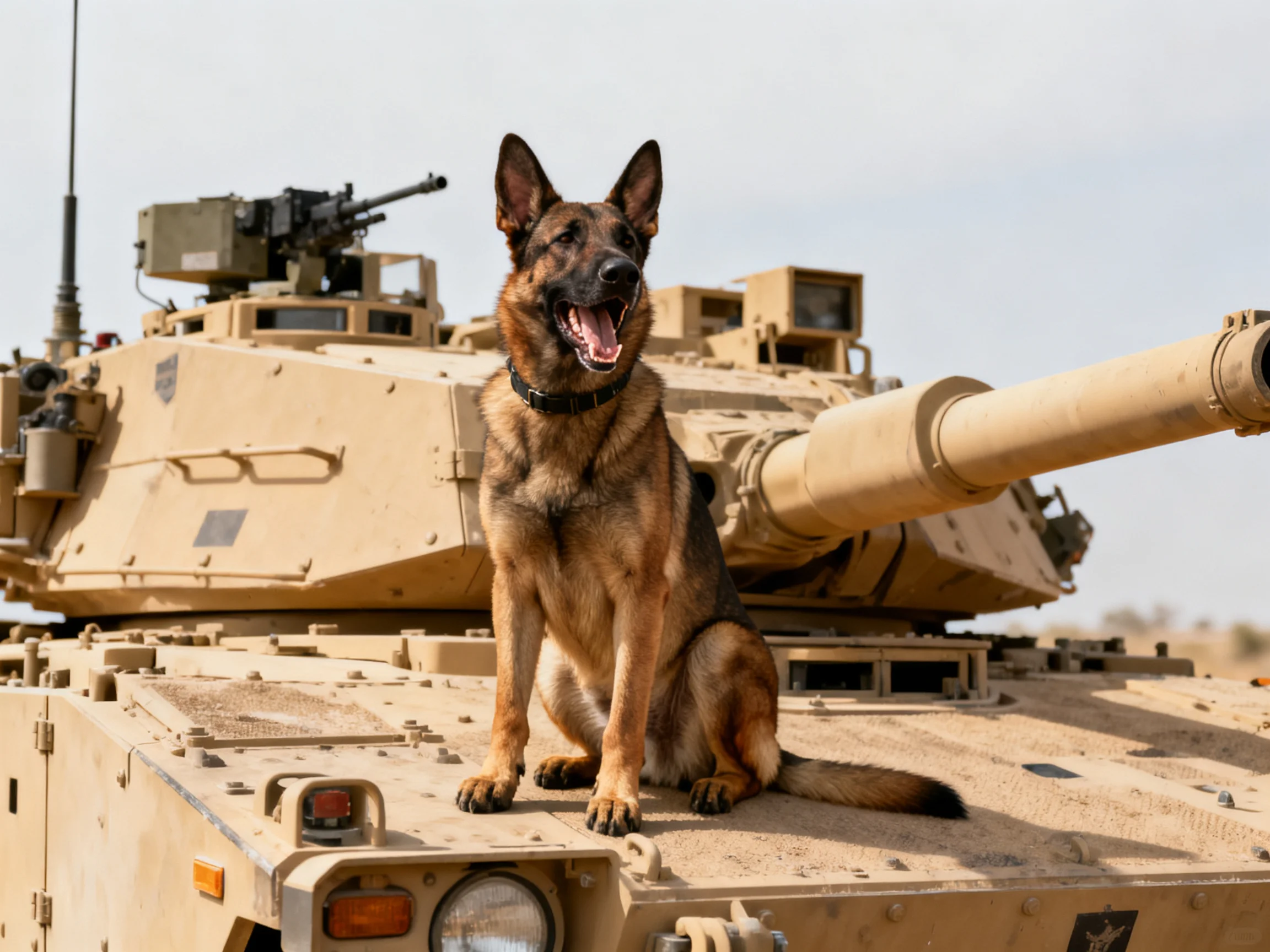 A German Shepherd rests on a tan military tank in an outdoor setting.