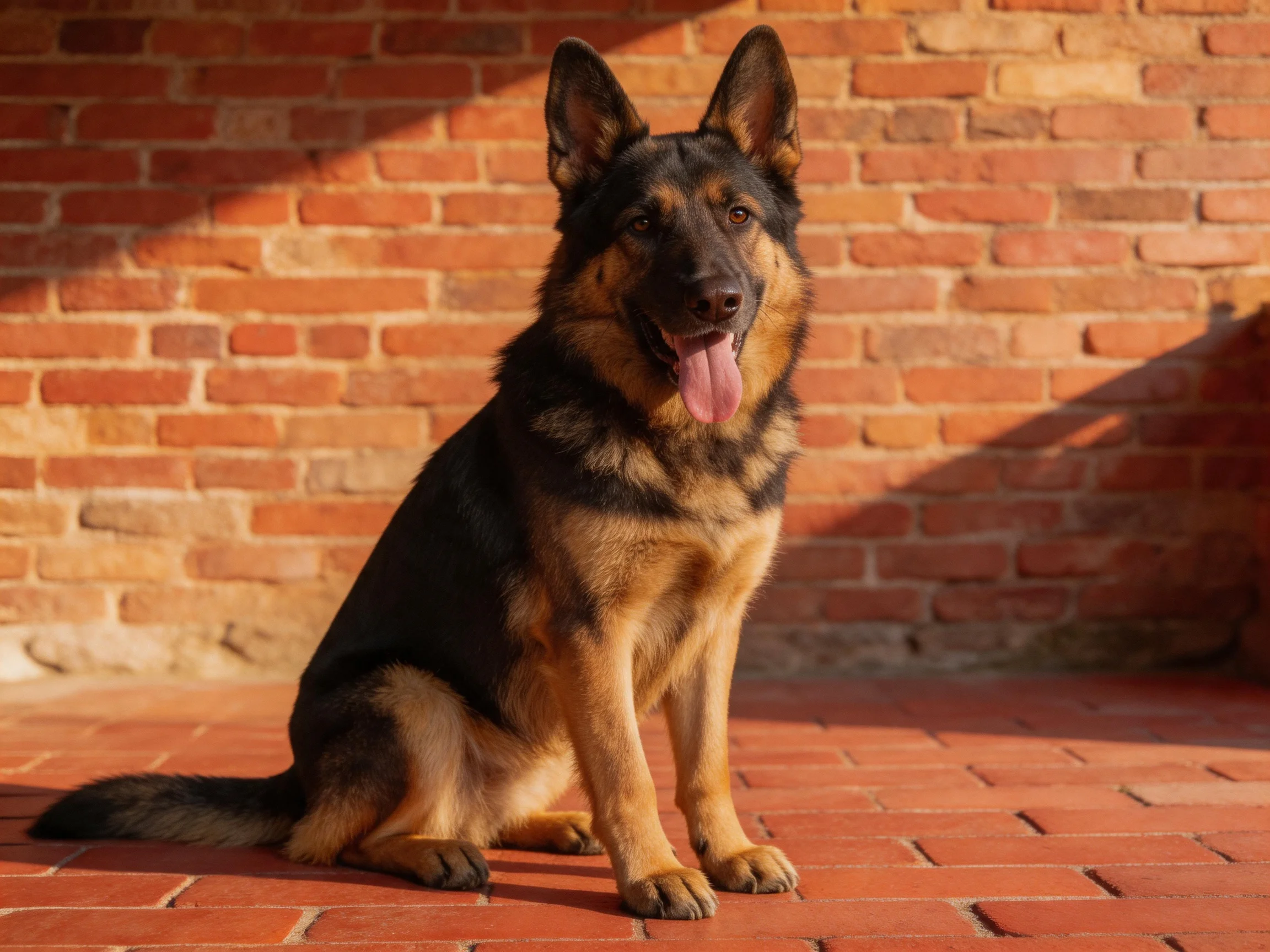 A German Shepherd sits calmly near a red brick wall in bright sunlight.