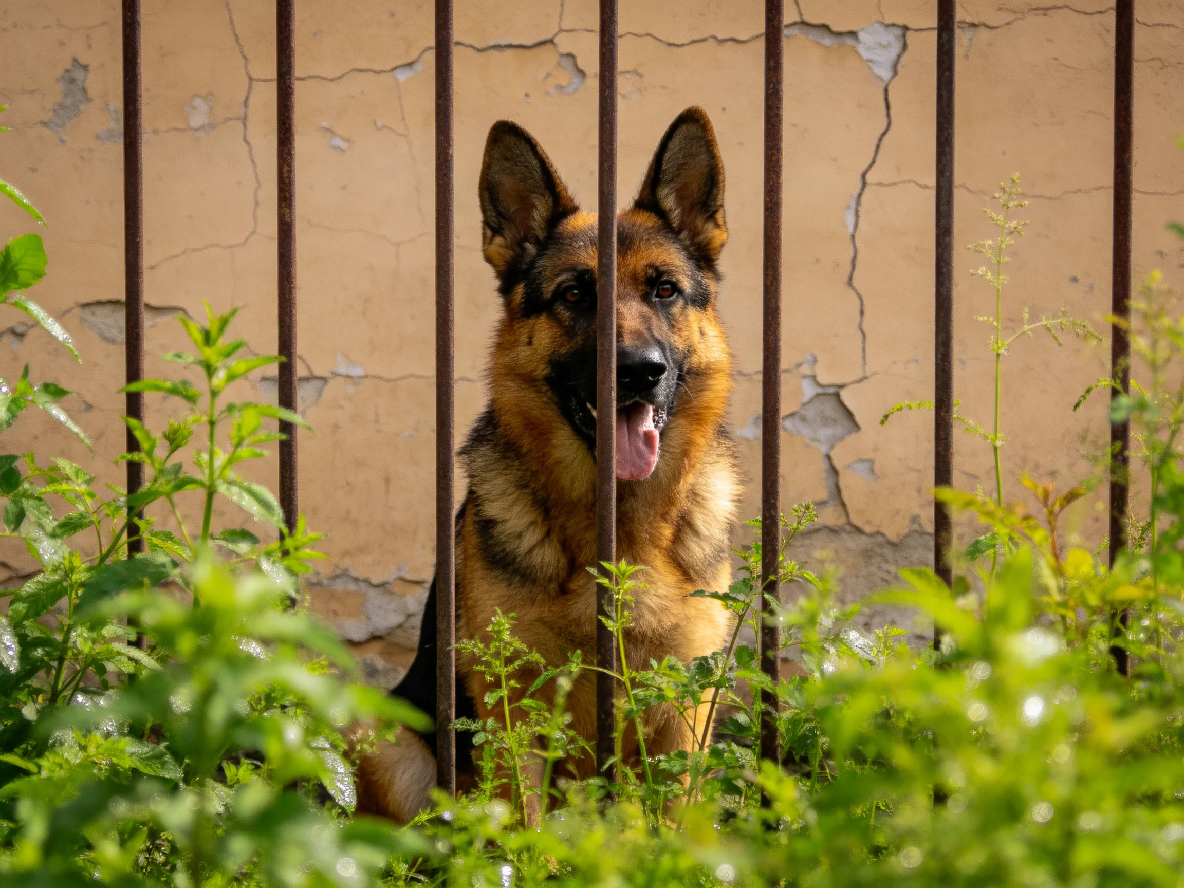 A German Shepherd sits behind metal bars near an aged cracked wall