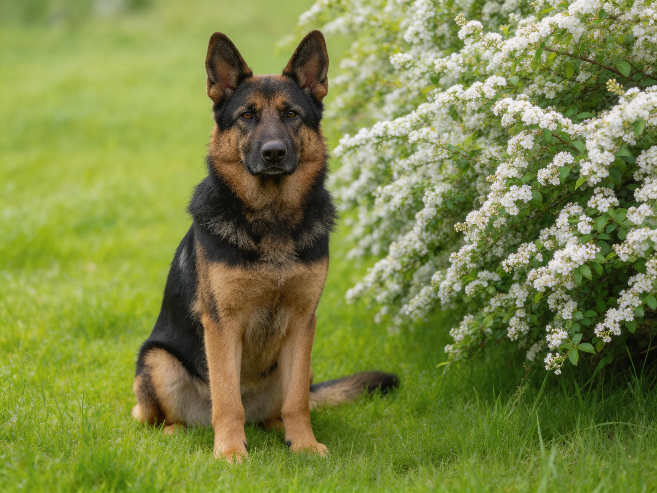 A German Shepherd sits calmly next to a flowering bush in a grassy area.