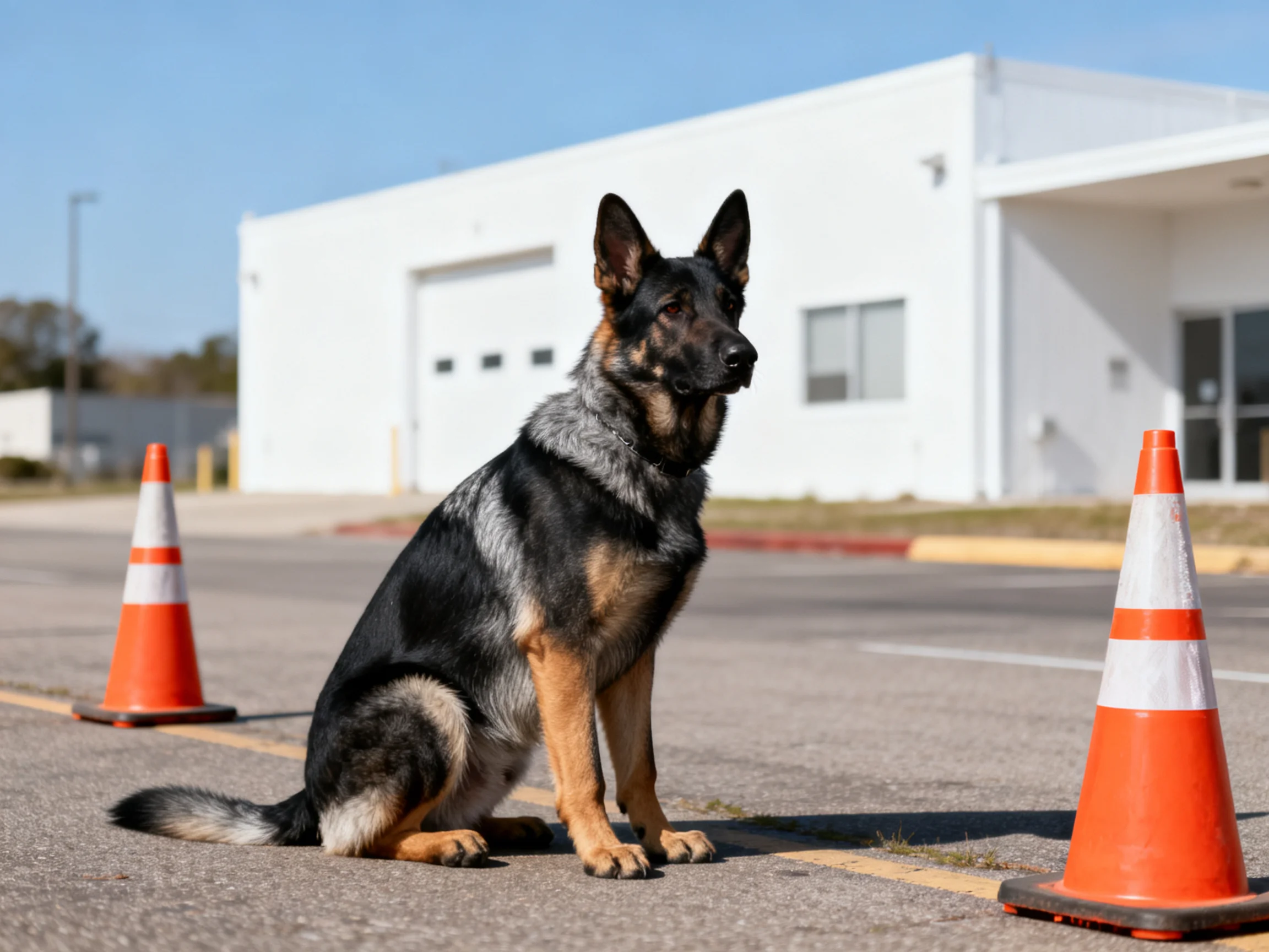 A German Shepherd sits between orange traffic cones outside a white building.