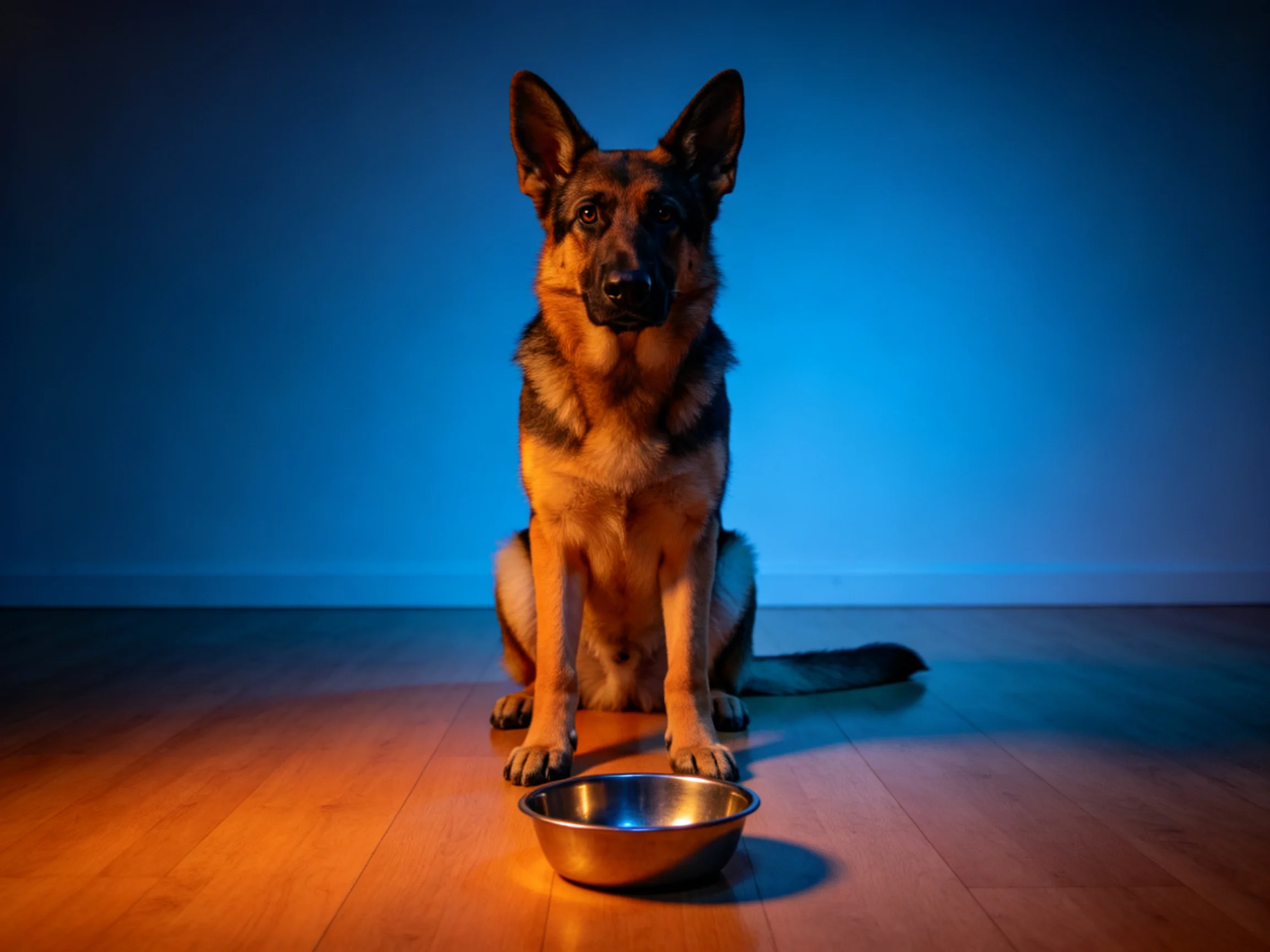 A German Shepherd sits by a metal bowl under blue lighting