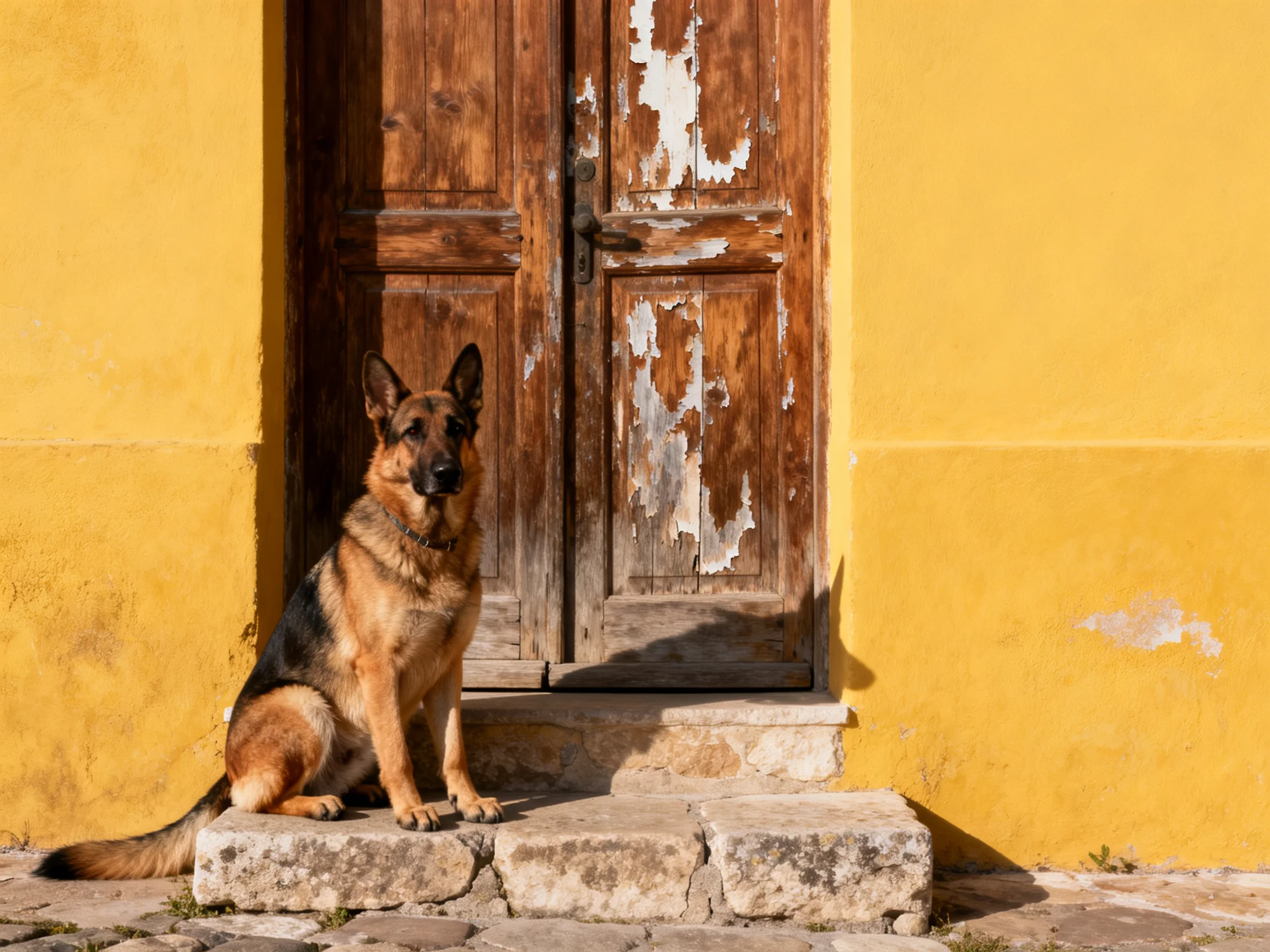 A German Shepherd sits near an old wooden door against a bright yellow wall.