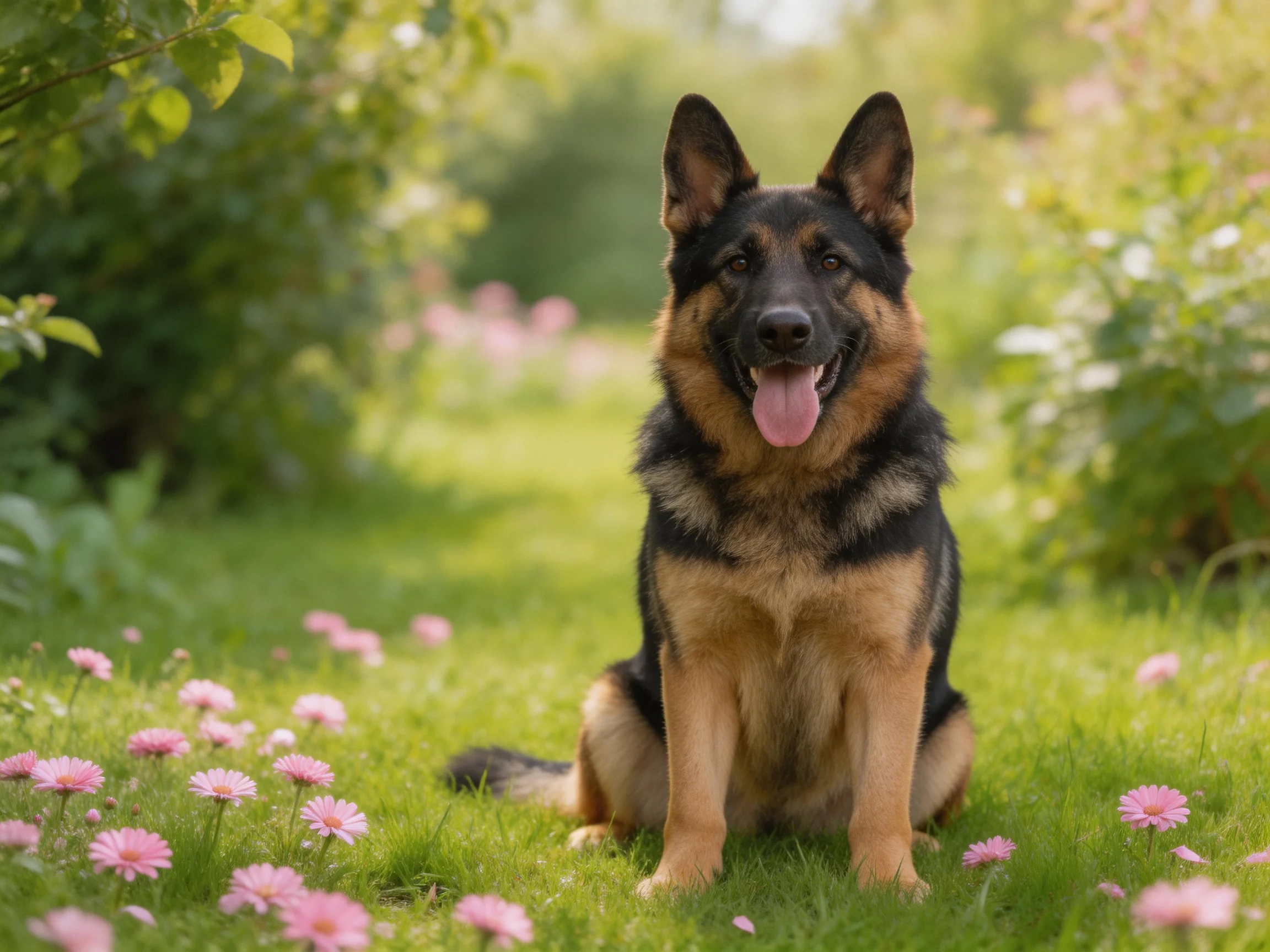 A German Shepherd sits in a garden filled with pink flowers and green grass