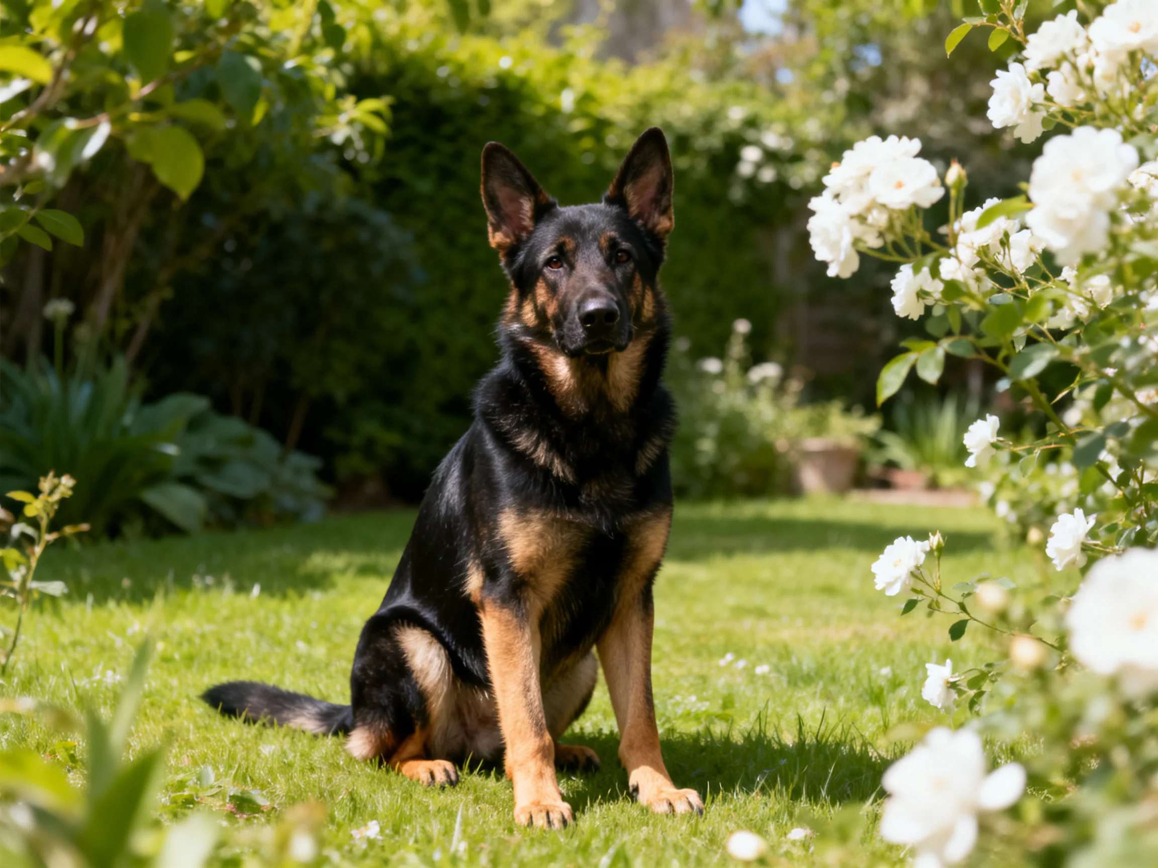 A German Shepherd sits calmly amid greenery and white flowers in a sunny garden.