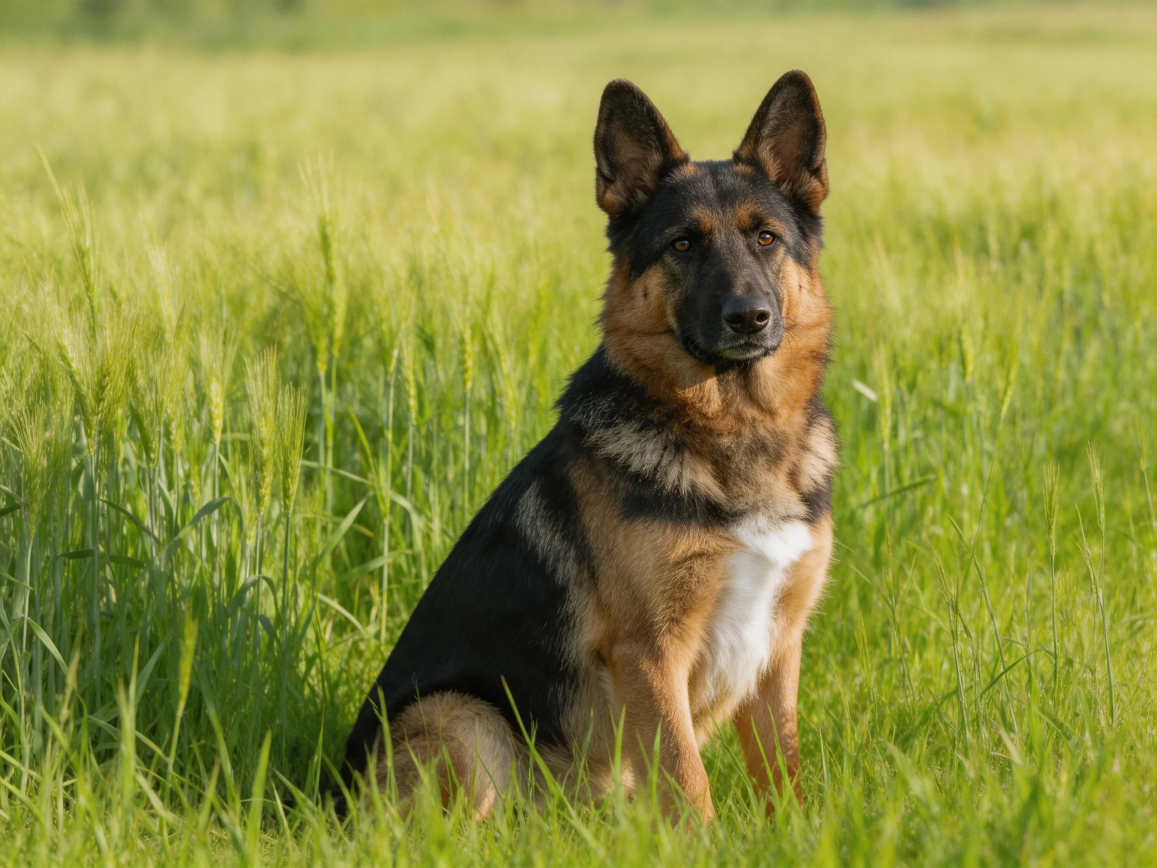 A German Shepherd sits in a sun-drenched field of tall green grass