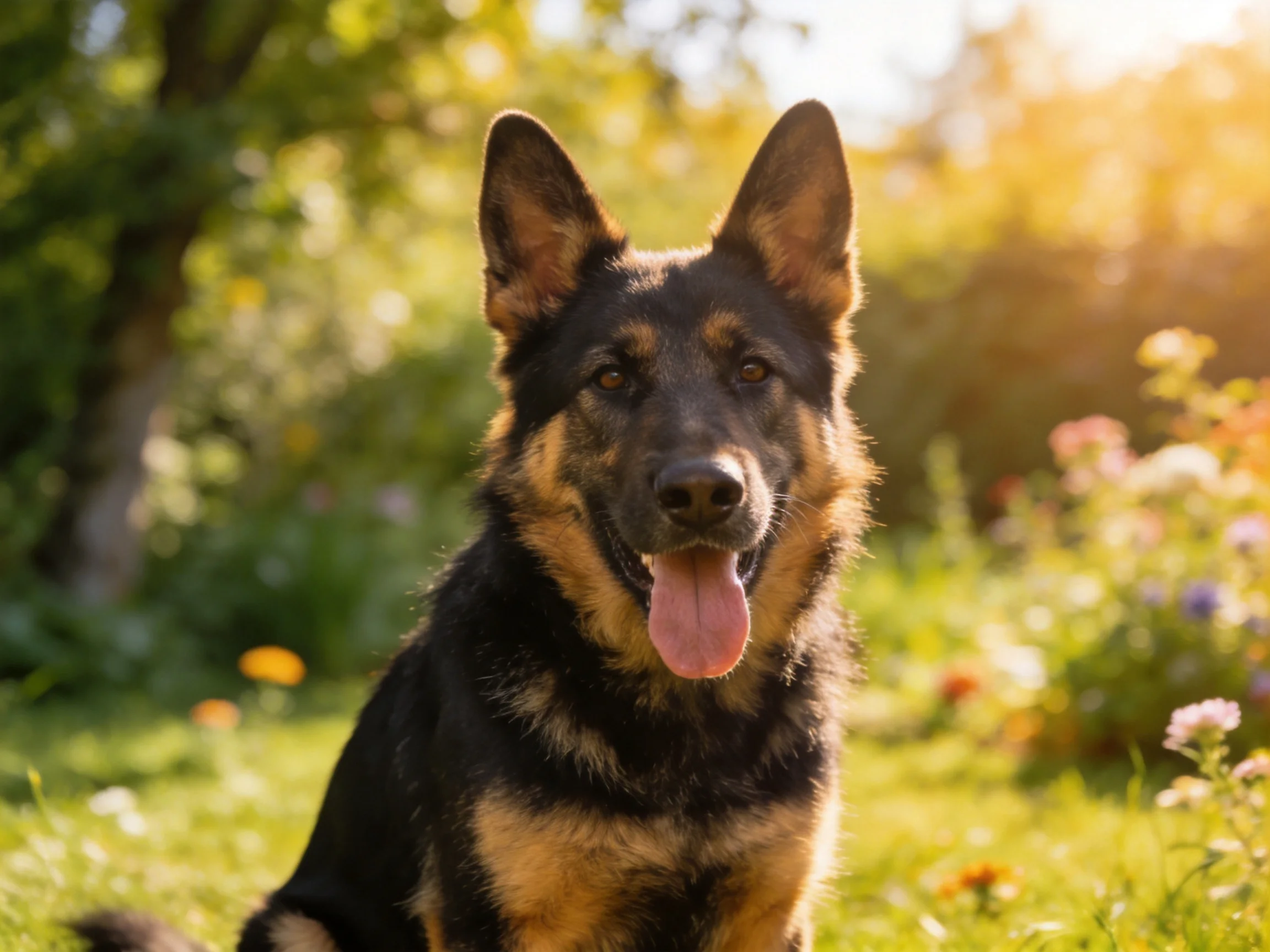 A German Shepherd sits in a sunlit garden with colorful blooms
