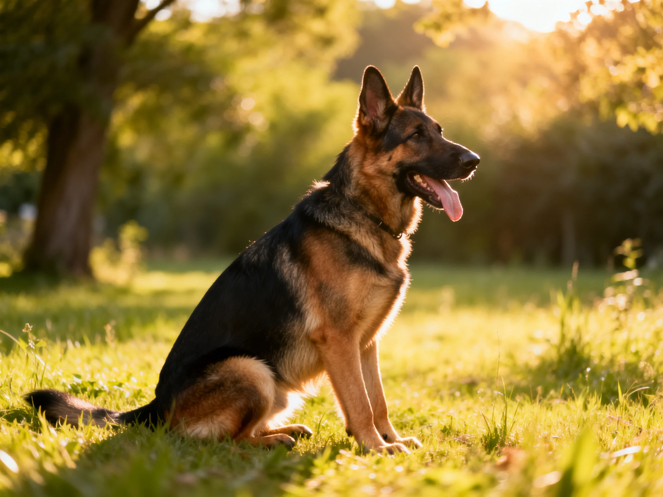 A German Shepherd sits in a sunlit grassy park.