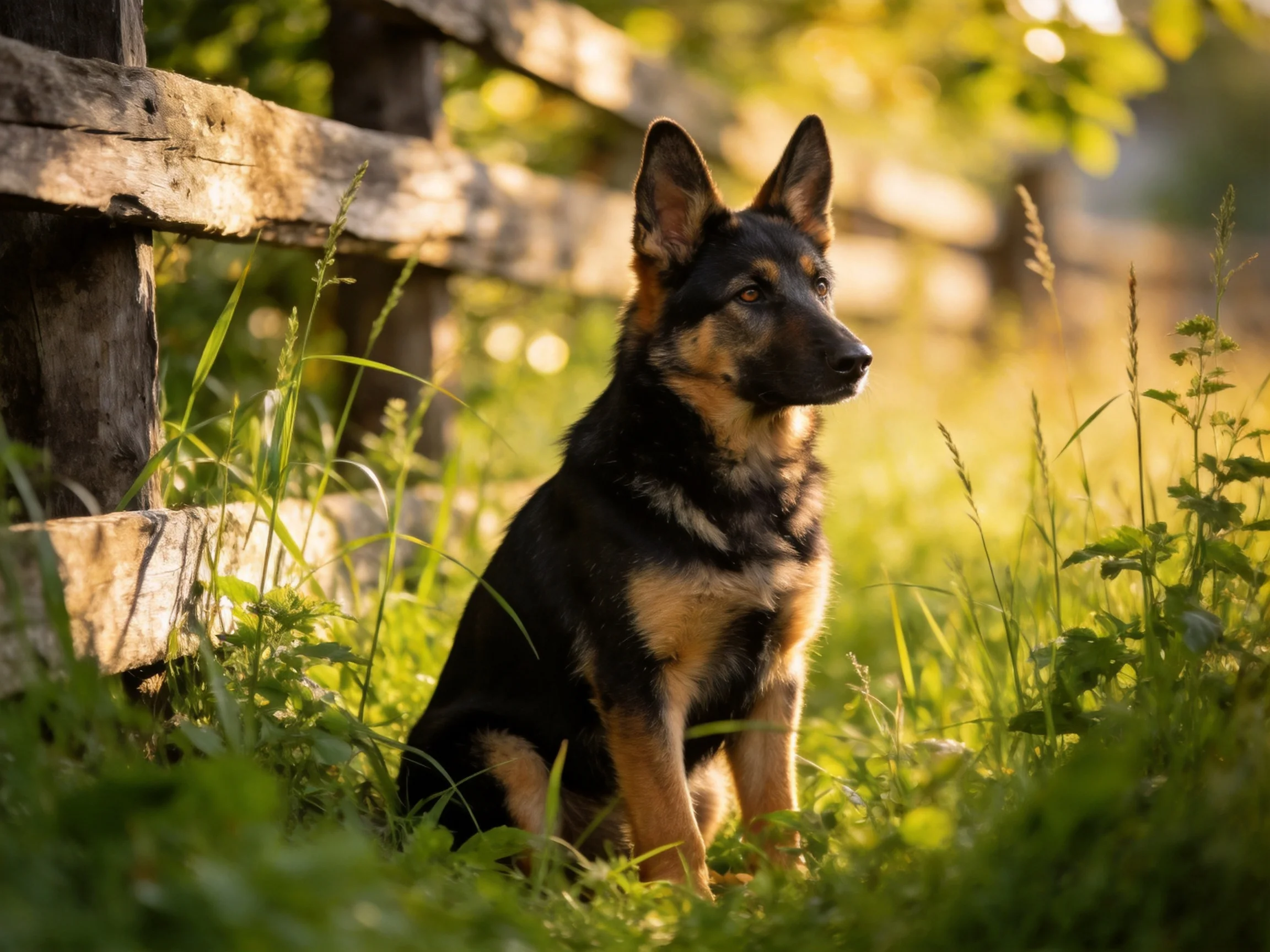 A German Shepherd sits calmly beside a weathered wooden fence in a sunlit meadow.