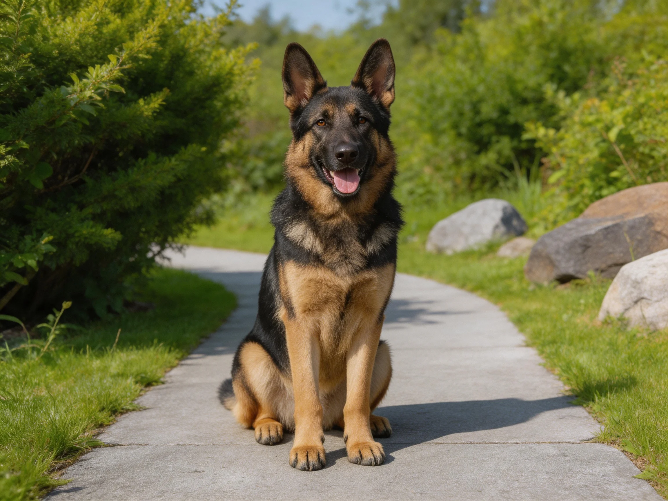 A German Shepherd sits on a concrete path amid lush greenery