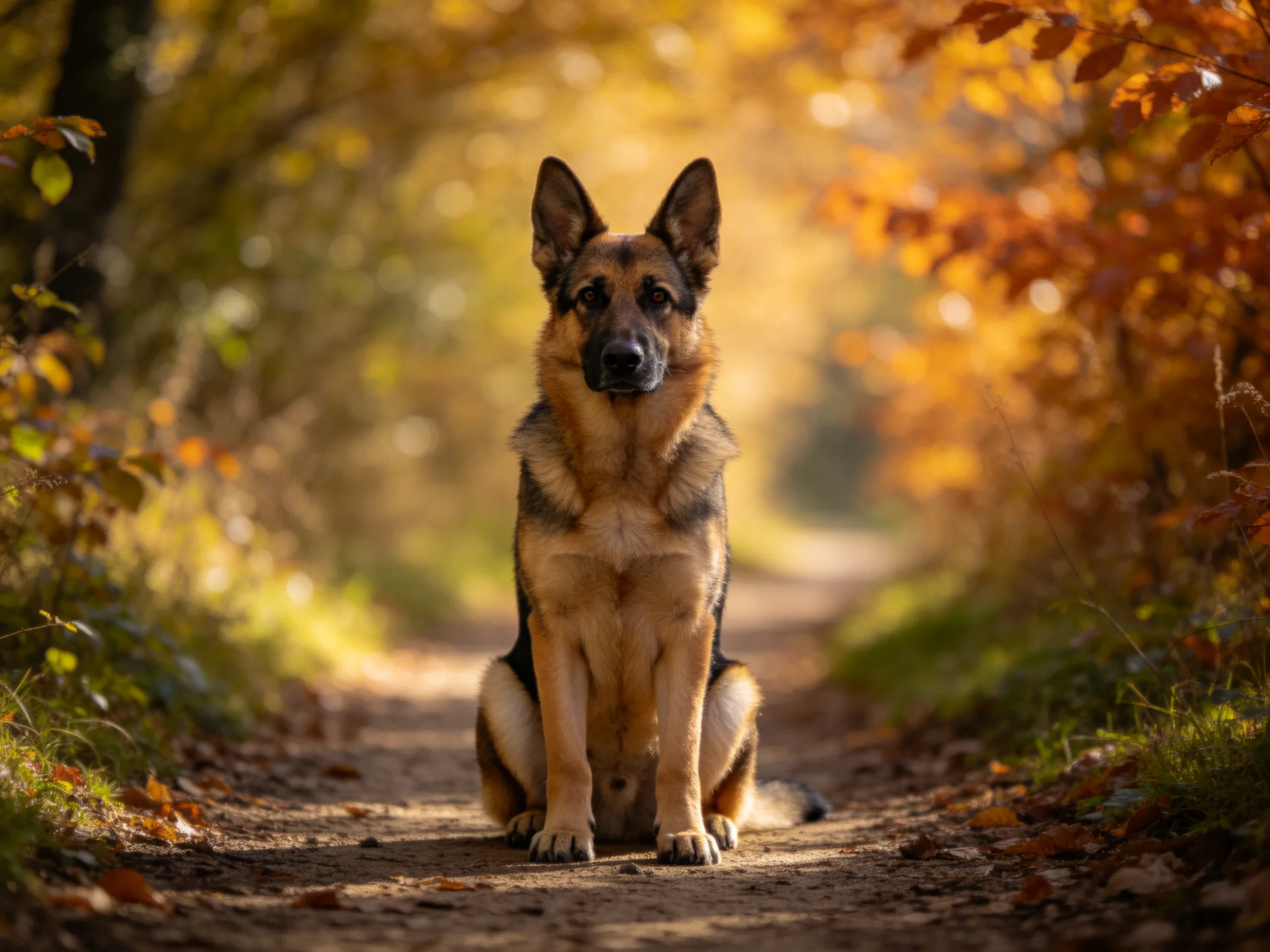 A German Shepherd sits on a sun-kissed forest path with autumn foliage