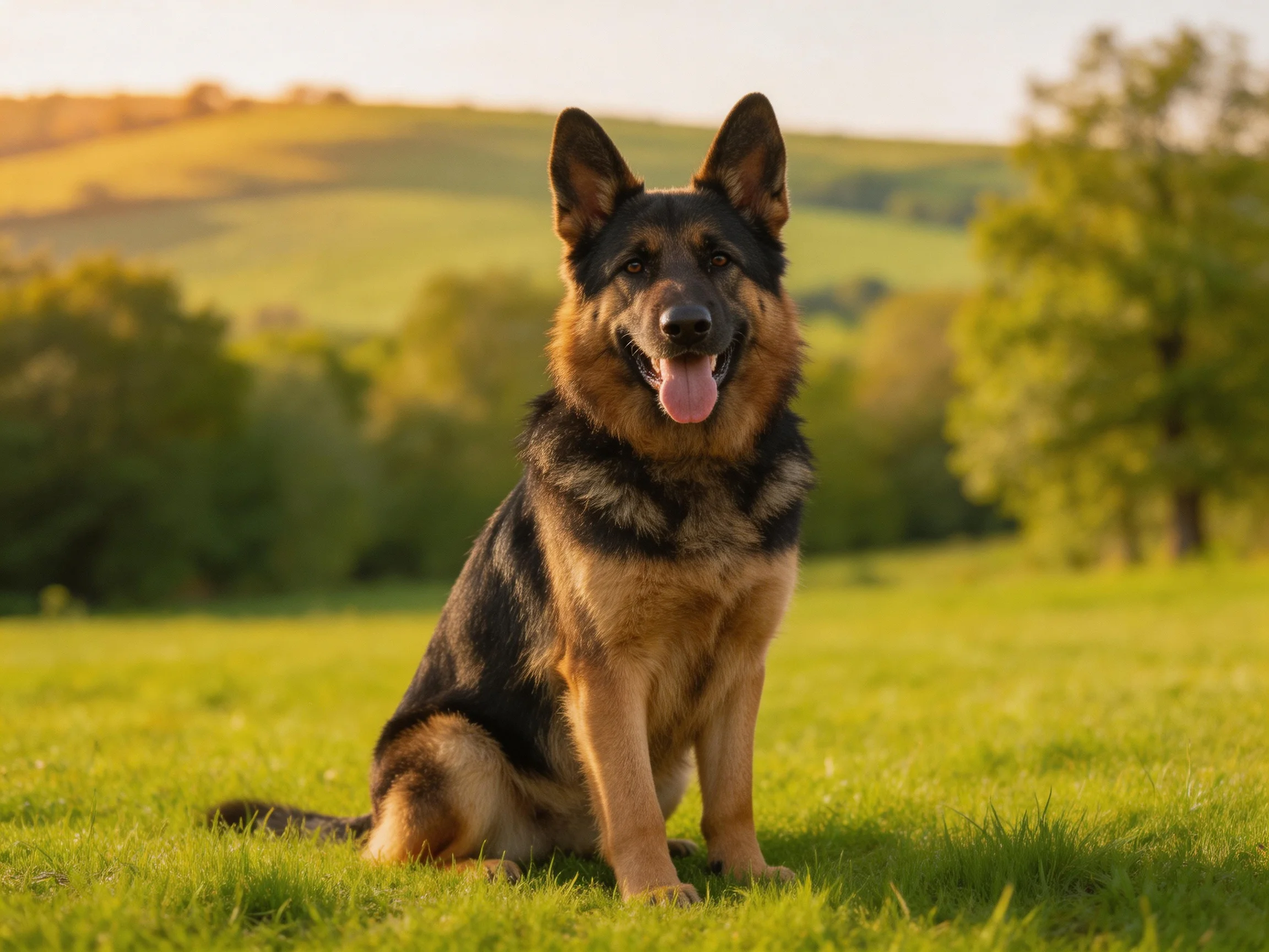 A German Shepherd rests calmly on a grassy field with distant hills