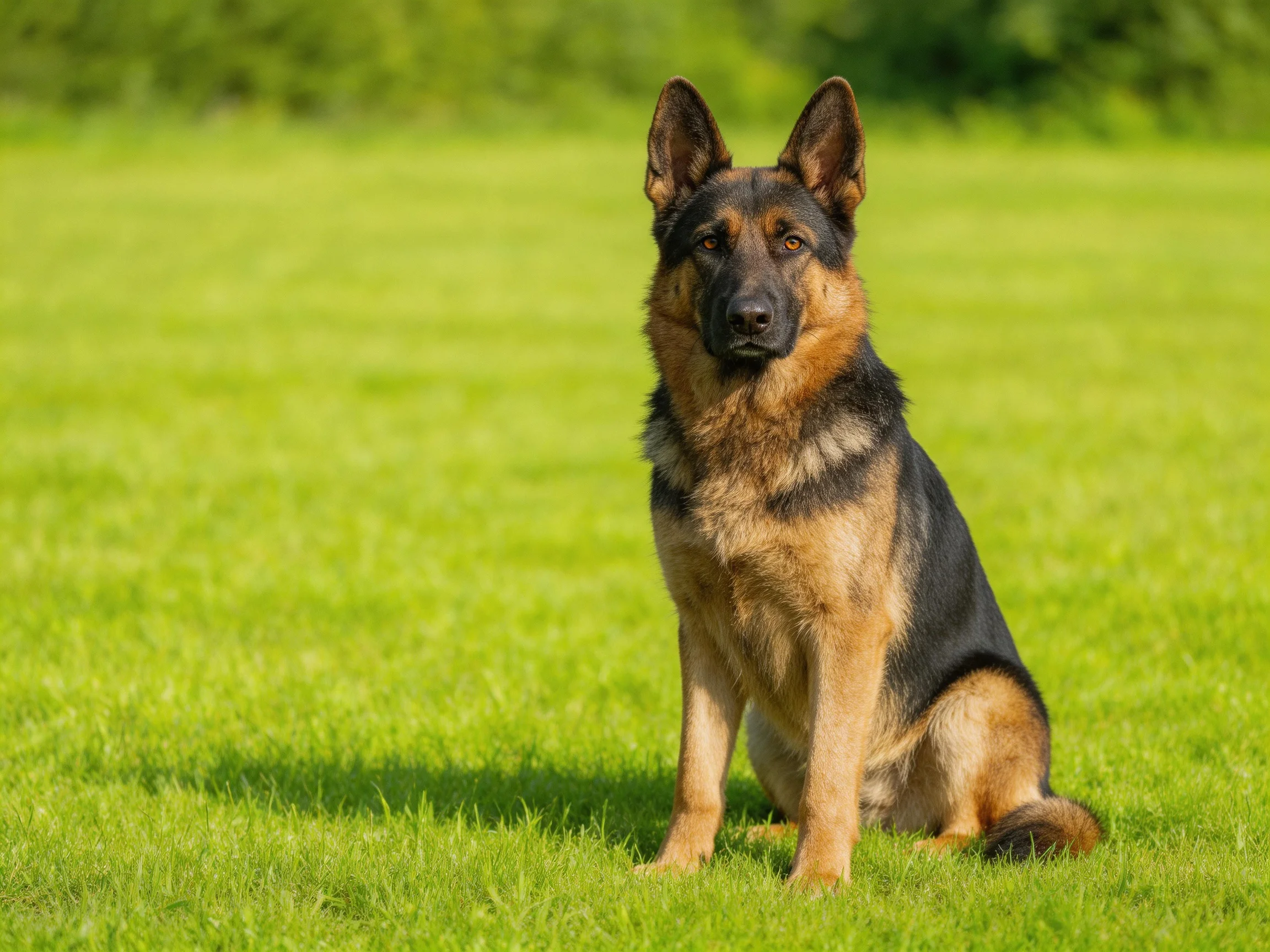 A German Shepherd sits on lush green grass in bright sunshine