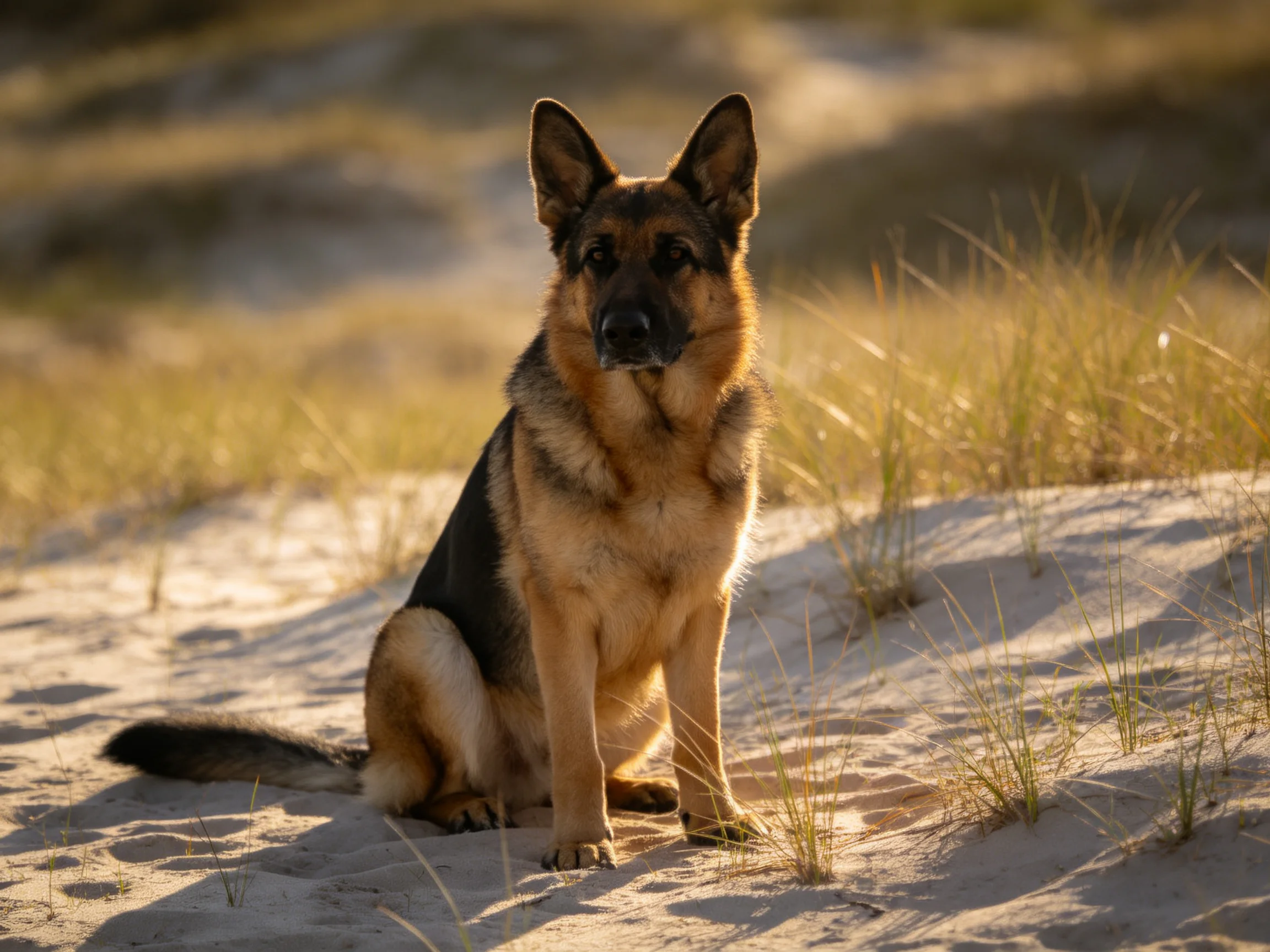 A German Shepherd rests on sunlit sand in a grassy landscape.
