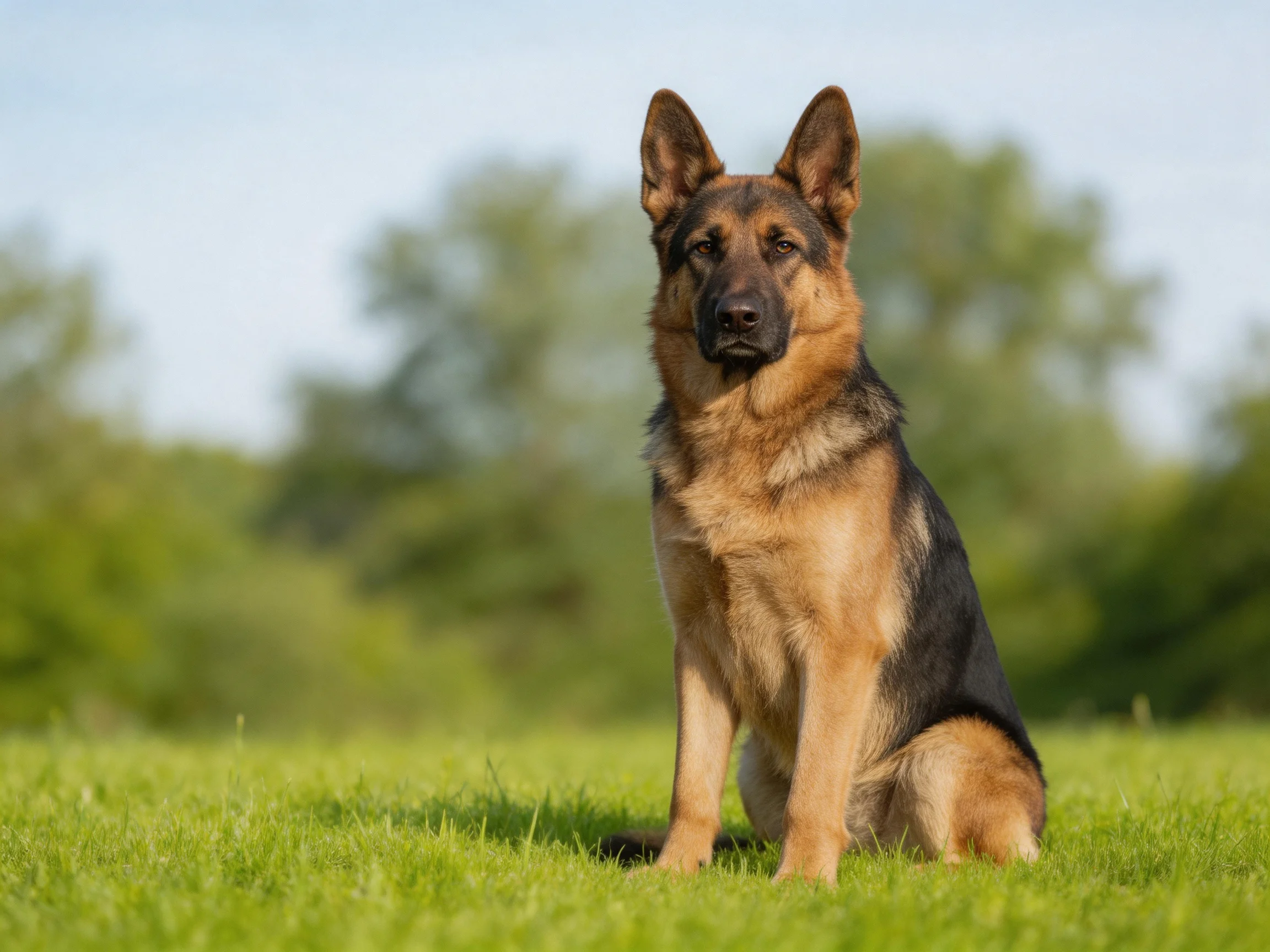 A German Shepherd sits calmly on lush grass in an outdoor setting.