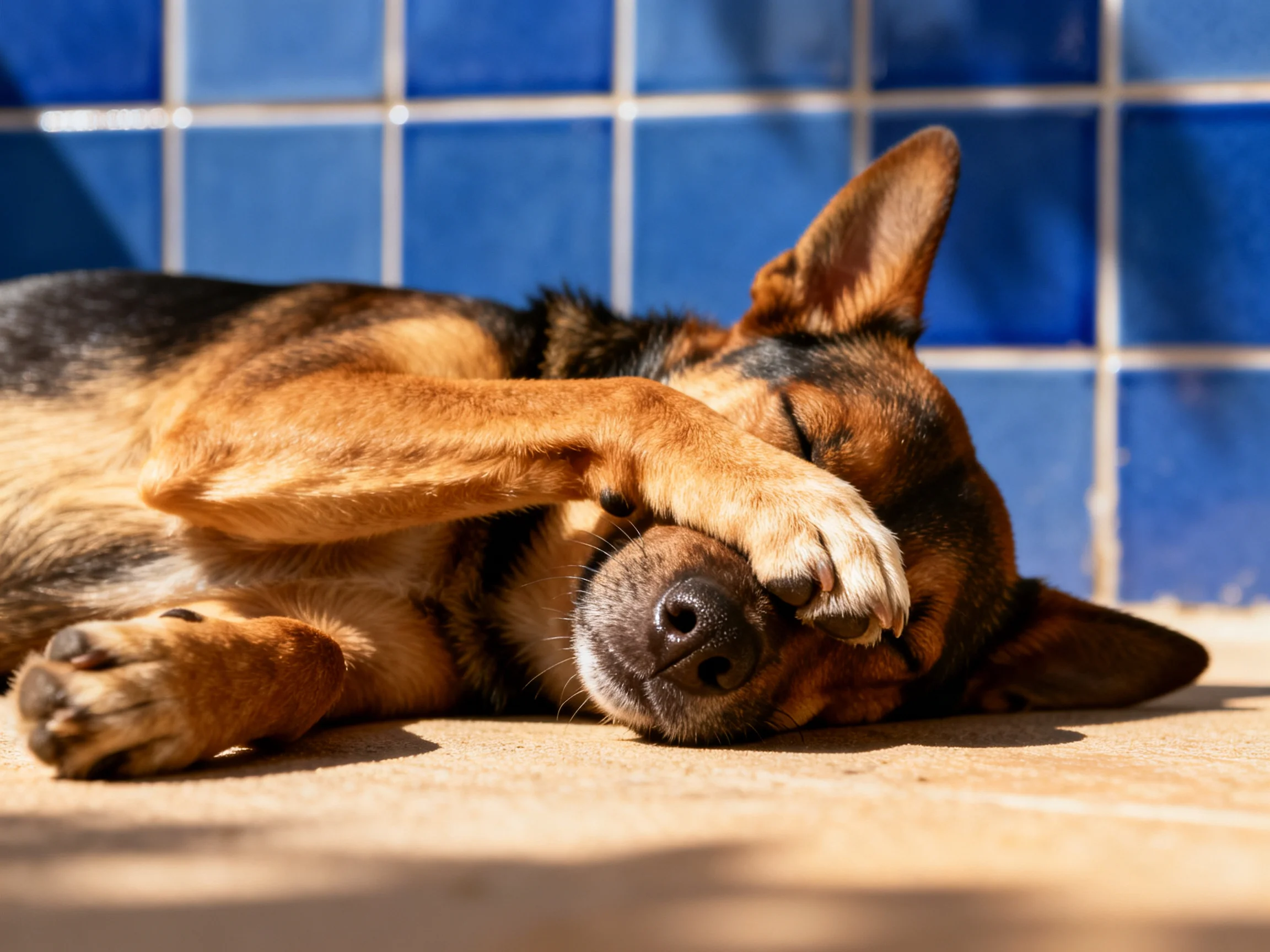 A German Shepherd sleeps peacefully near blue tiled walls.