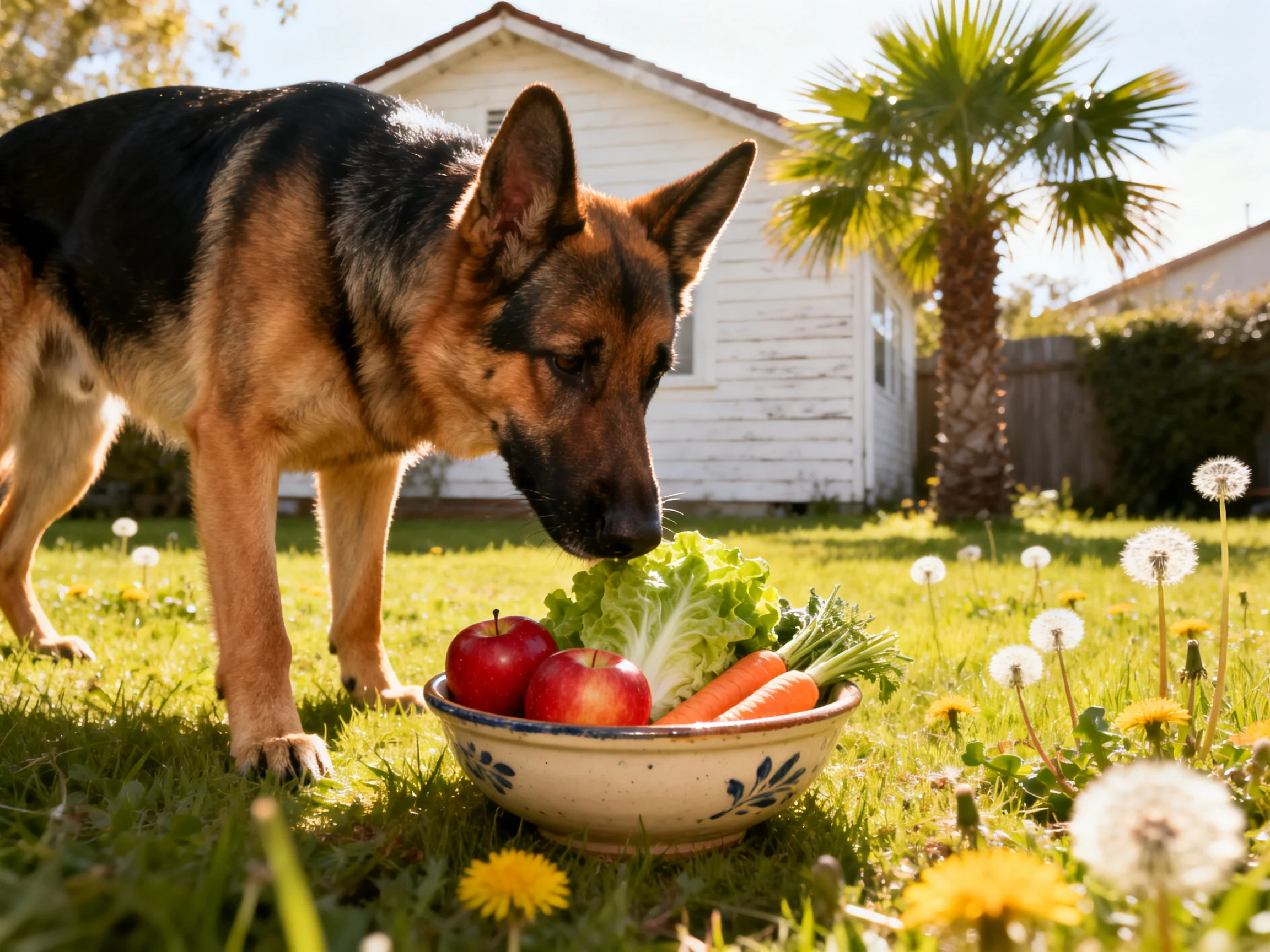 A German Shepherd inspects a bowl of fruits and vegetables in a sunny backyard.
