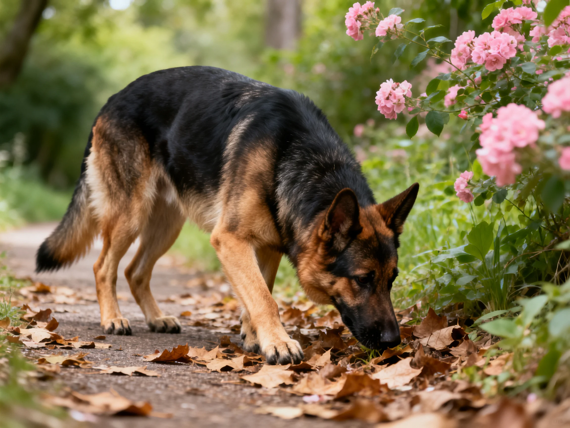 A German Shepherd sniffs near pink roses on a leaf-strewn path
