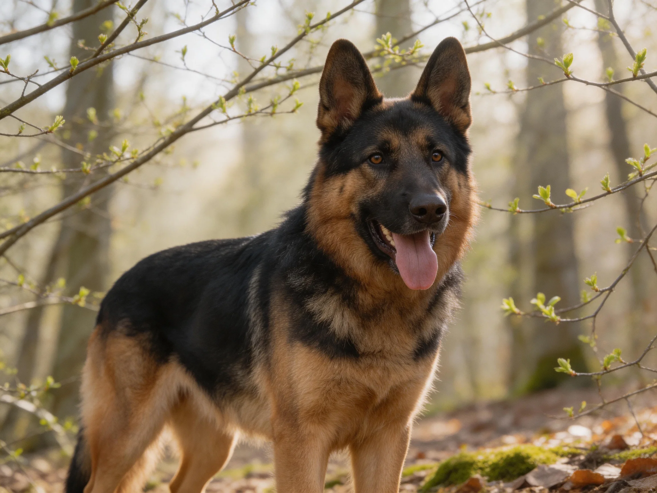 A German Shepherd stands alert among blooming trees in a sunlit forest