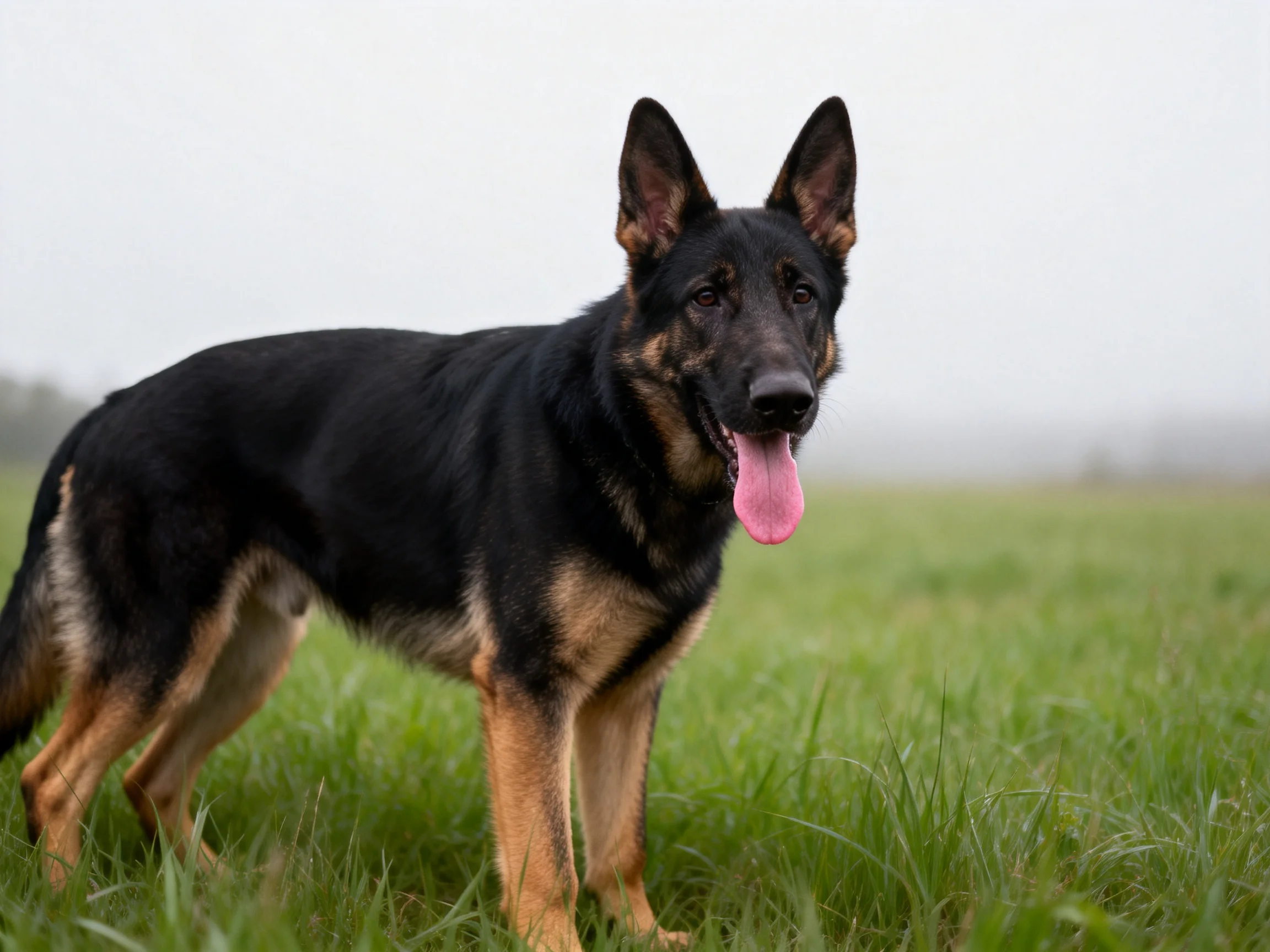 A German Shepherd stands alert in a lush green meadow