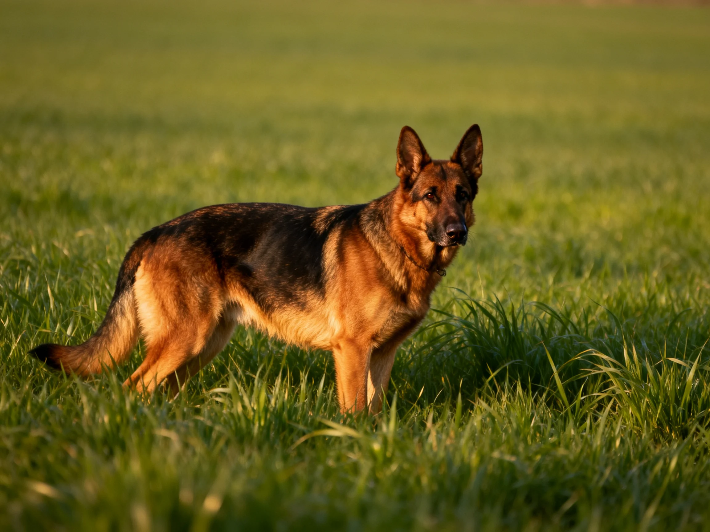 A German Shepherd stands alert in a sunlit green meadow