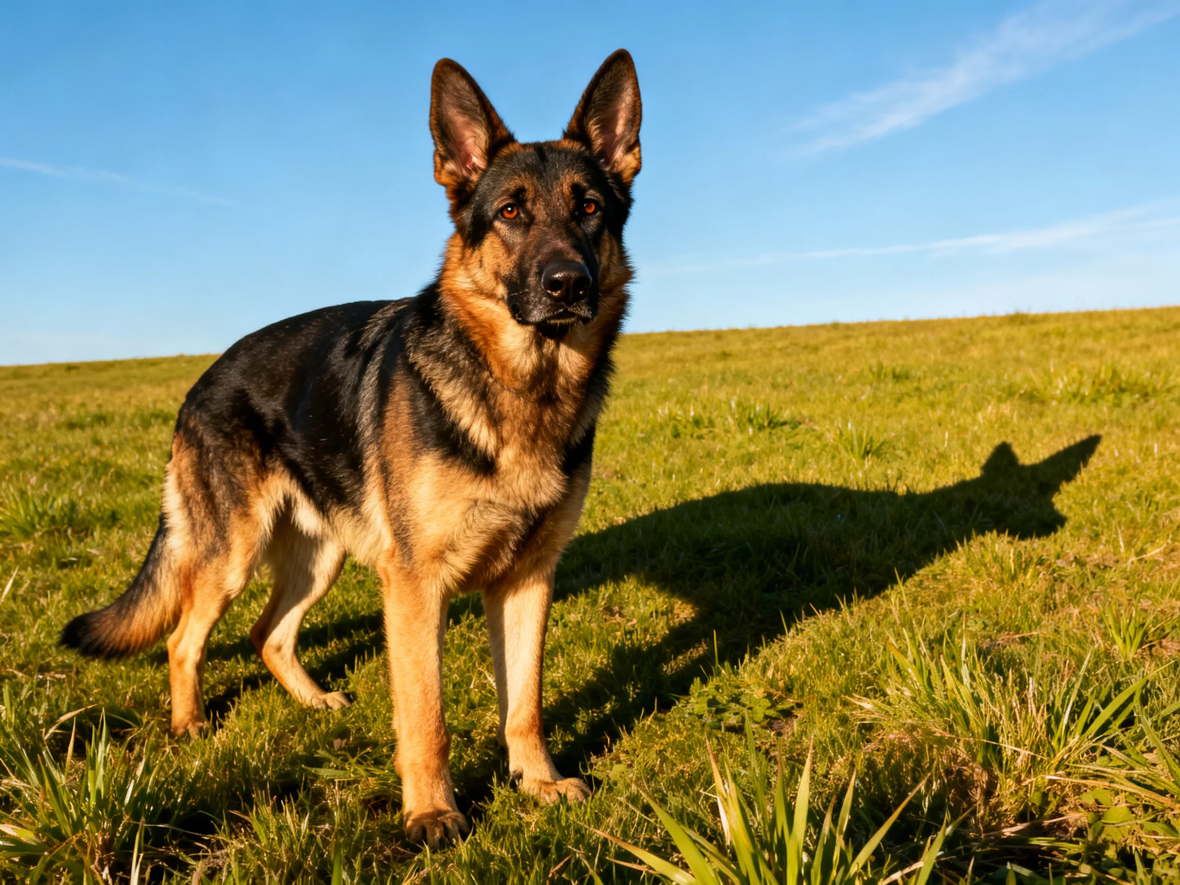 A German Shepherd stands alert in a sunlit green meadow