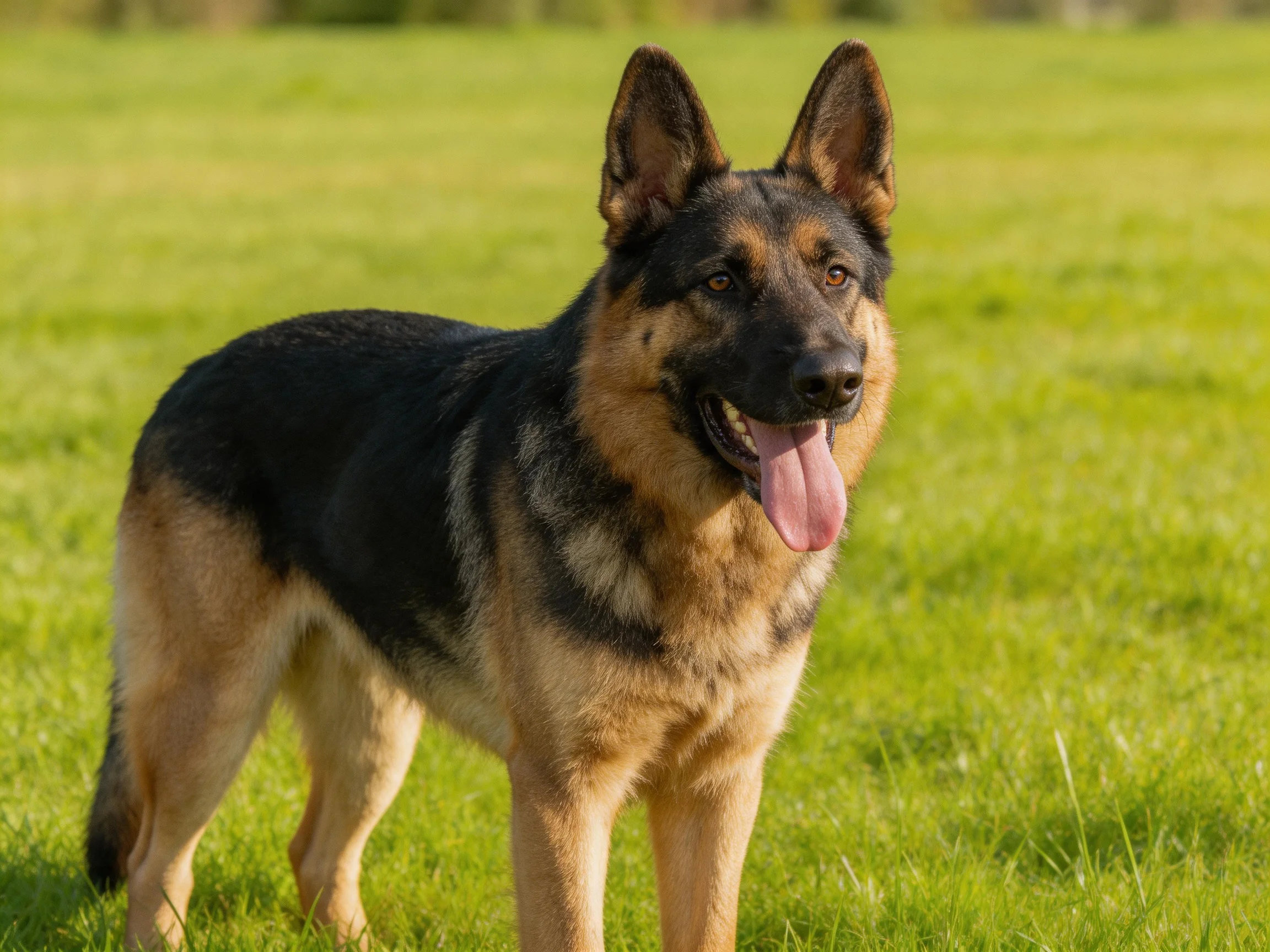 A German Shepherd stands on green grass in a sunny outdoor setting.