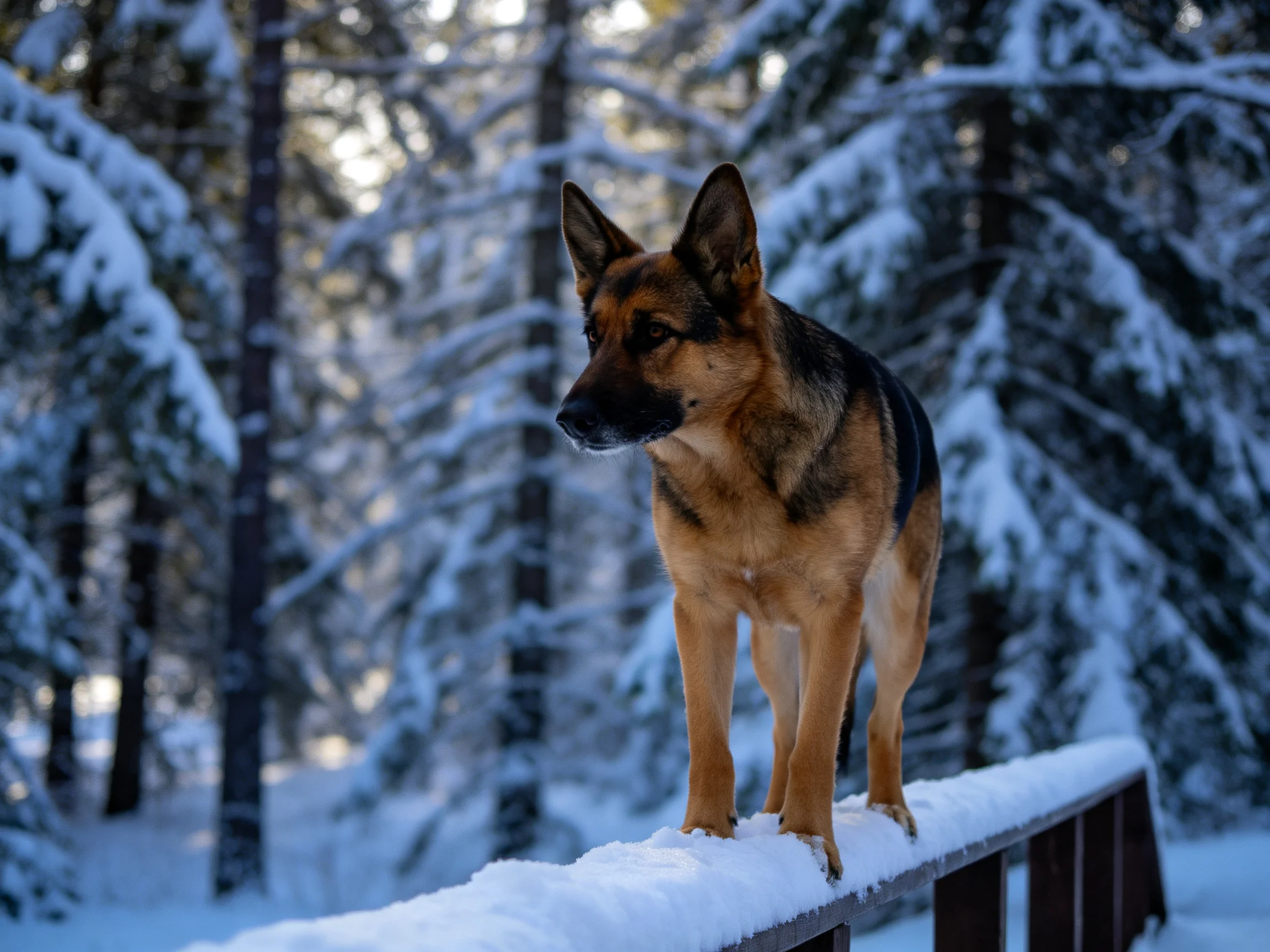 A German Shepherd stands on a snow-covered railing in a winter forest.