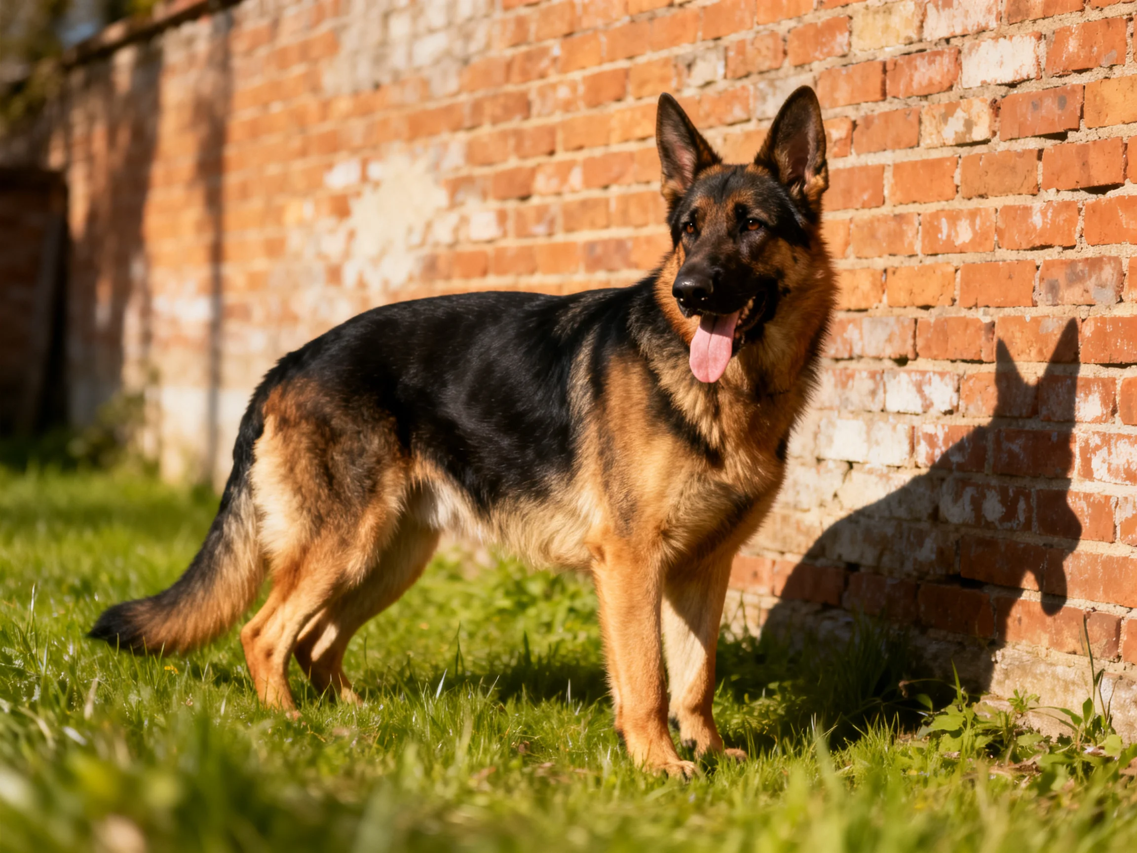 A German Shepherd stands near a weathered brick wall in a grassy outdoor setting.