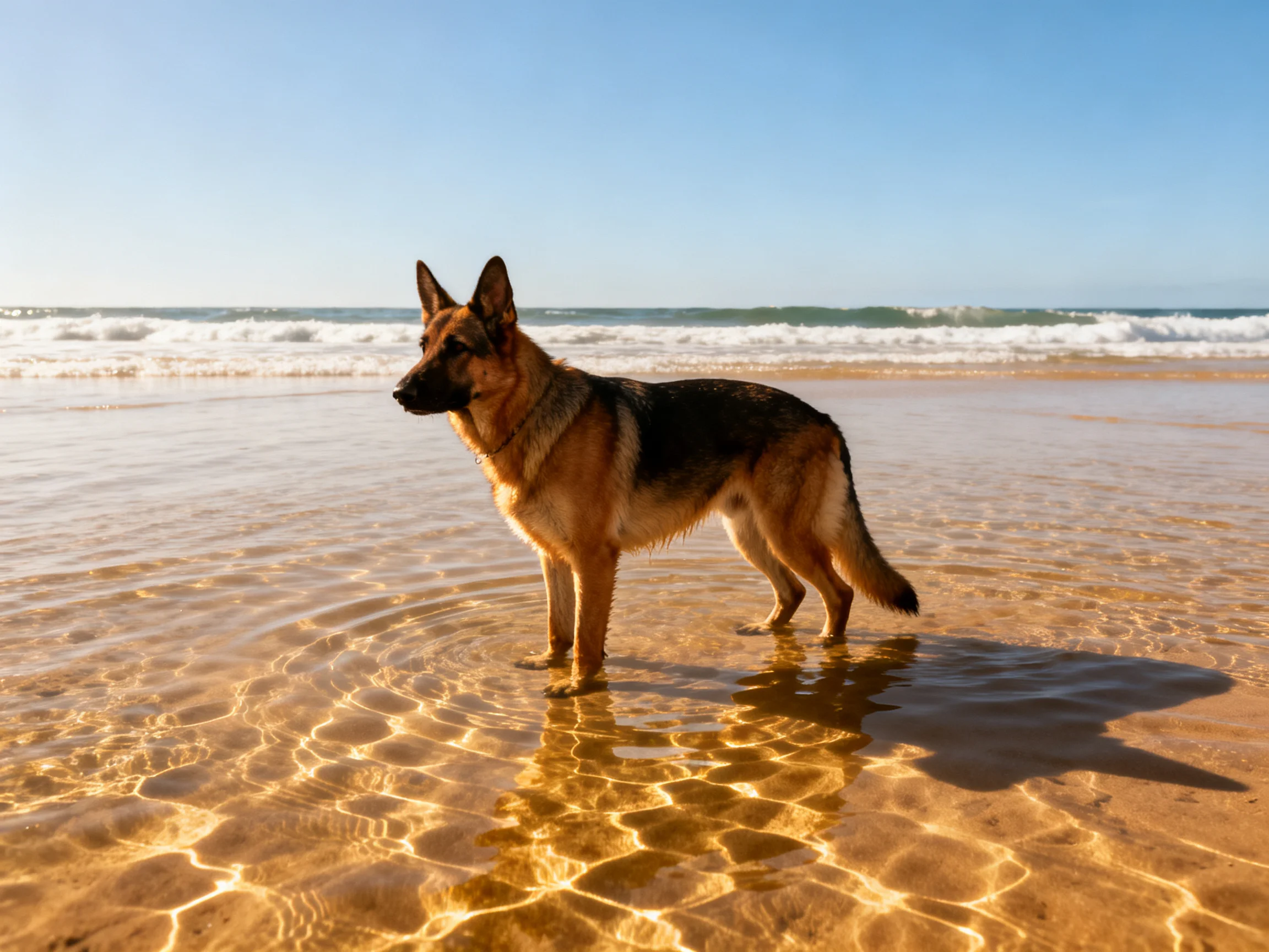 A German Shepherd stands in shallow water on a sandy beach with ocean waves behind it.